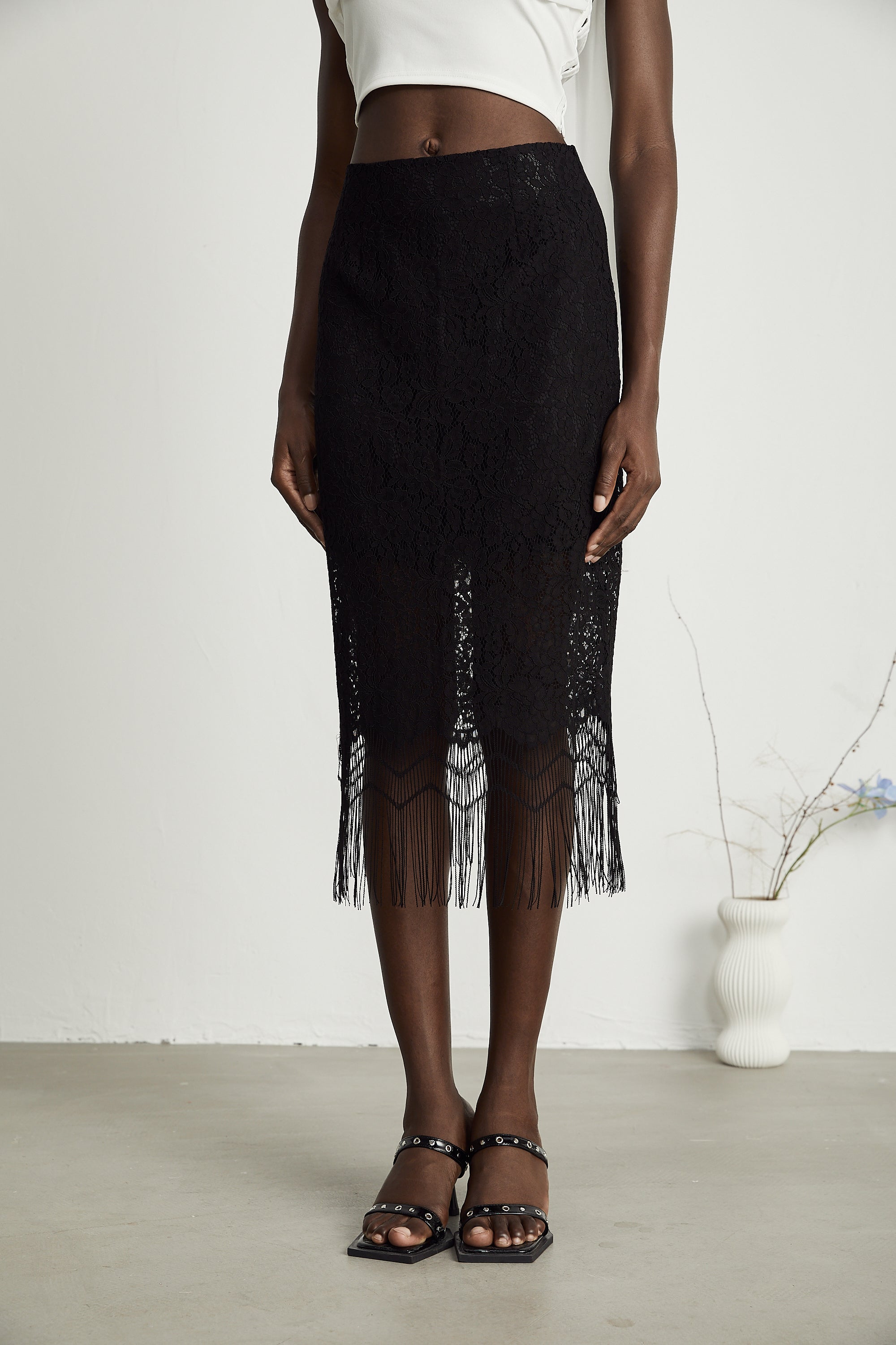 Adèle lace embroidered fringe-hem skirt (US Only)