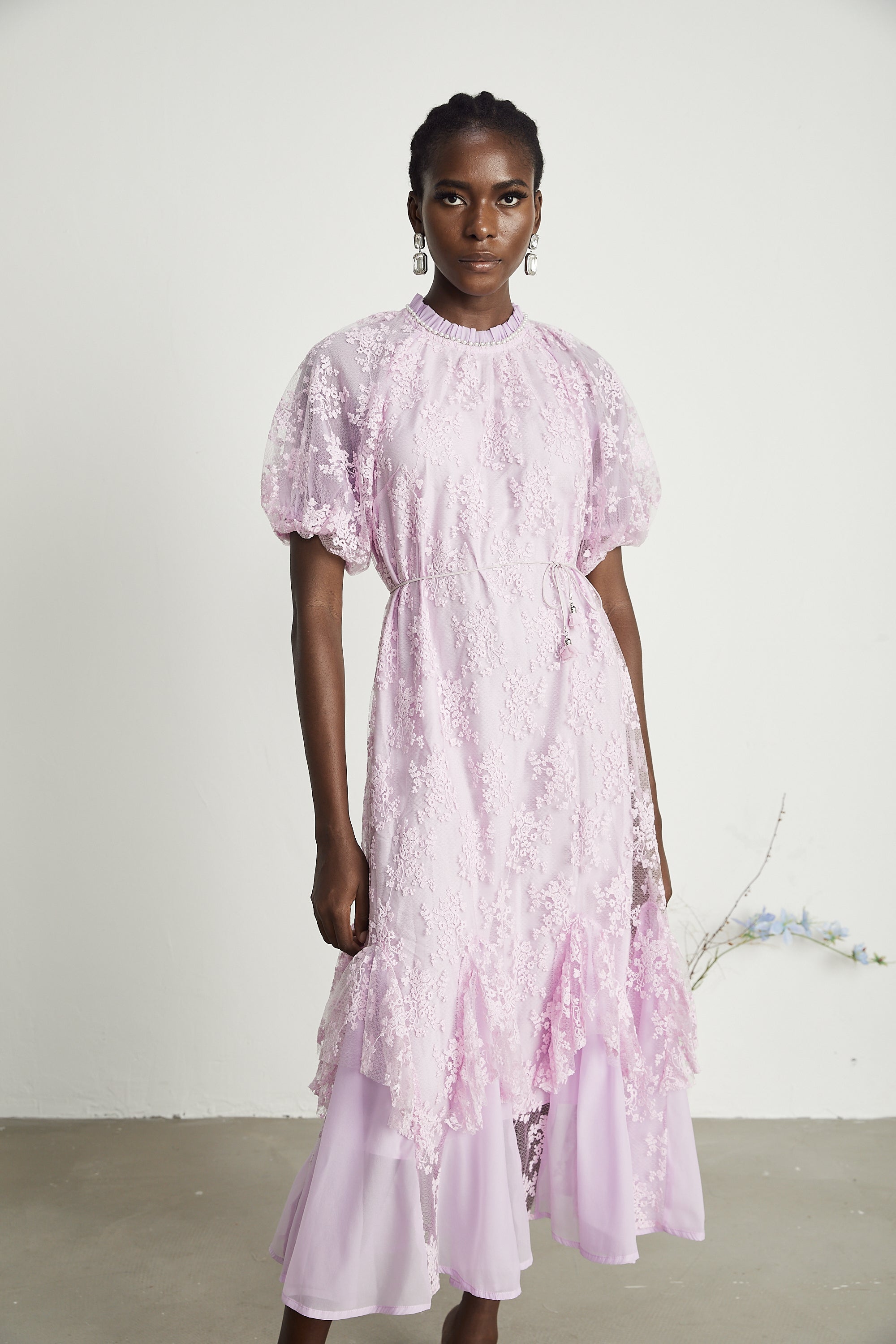 Coralie floral embroidered layered midi dress in Purple
