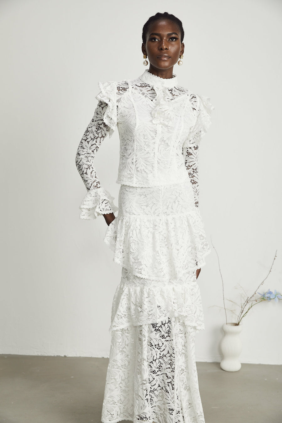 Delphine ruffled cut-out top & skirt matching set