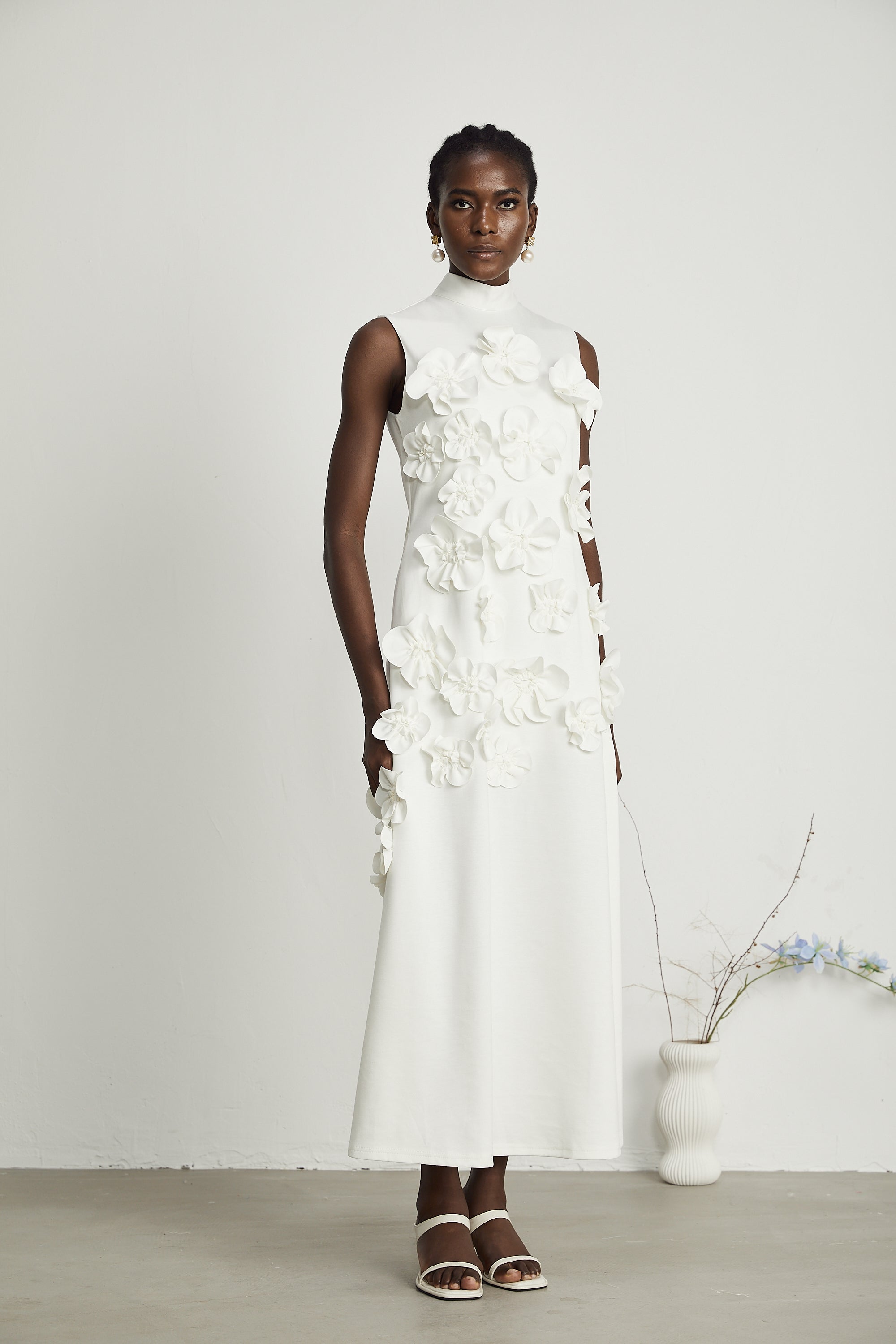 Magali White Sleeveless Maxi Dress with Faux Flower & Bow-Tie Embellishment (Final Sale-US Only)