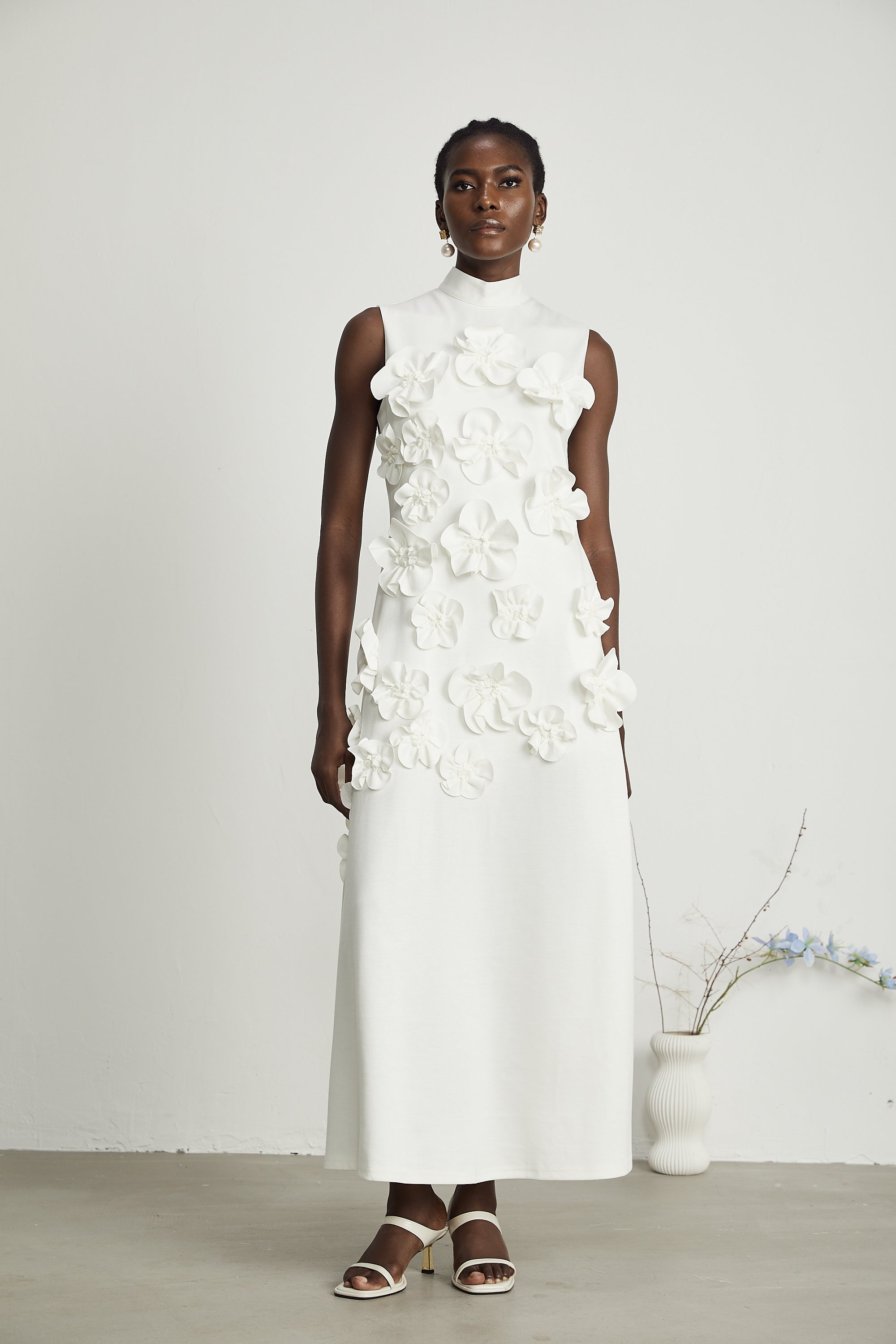 Magali White Sleeveless Maxi Dress with Faux Flower & Bow-Tie Embellishment (Final Sale-US Only)