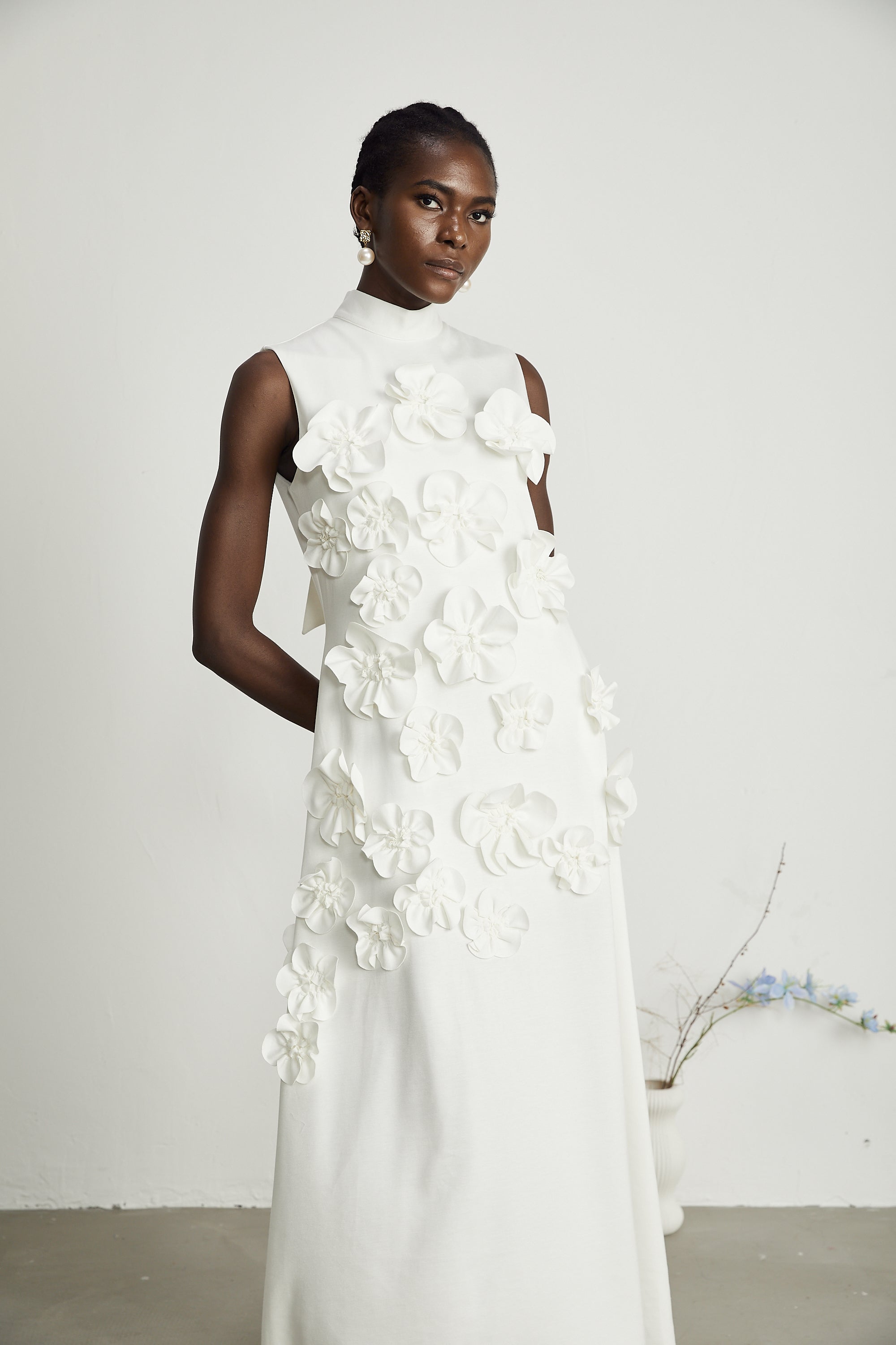 Magali White Sleeveless Maxi Dress with Faux Flower & Bow-Tie Embellishment (Final Sale-US Only)