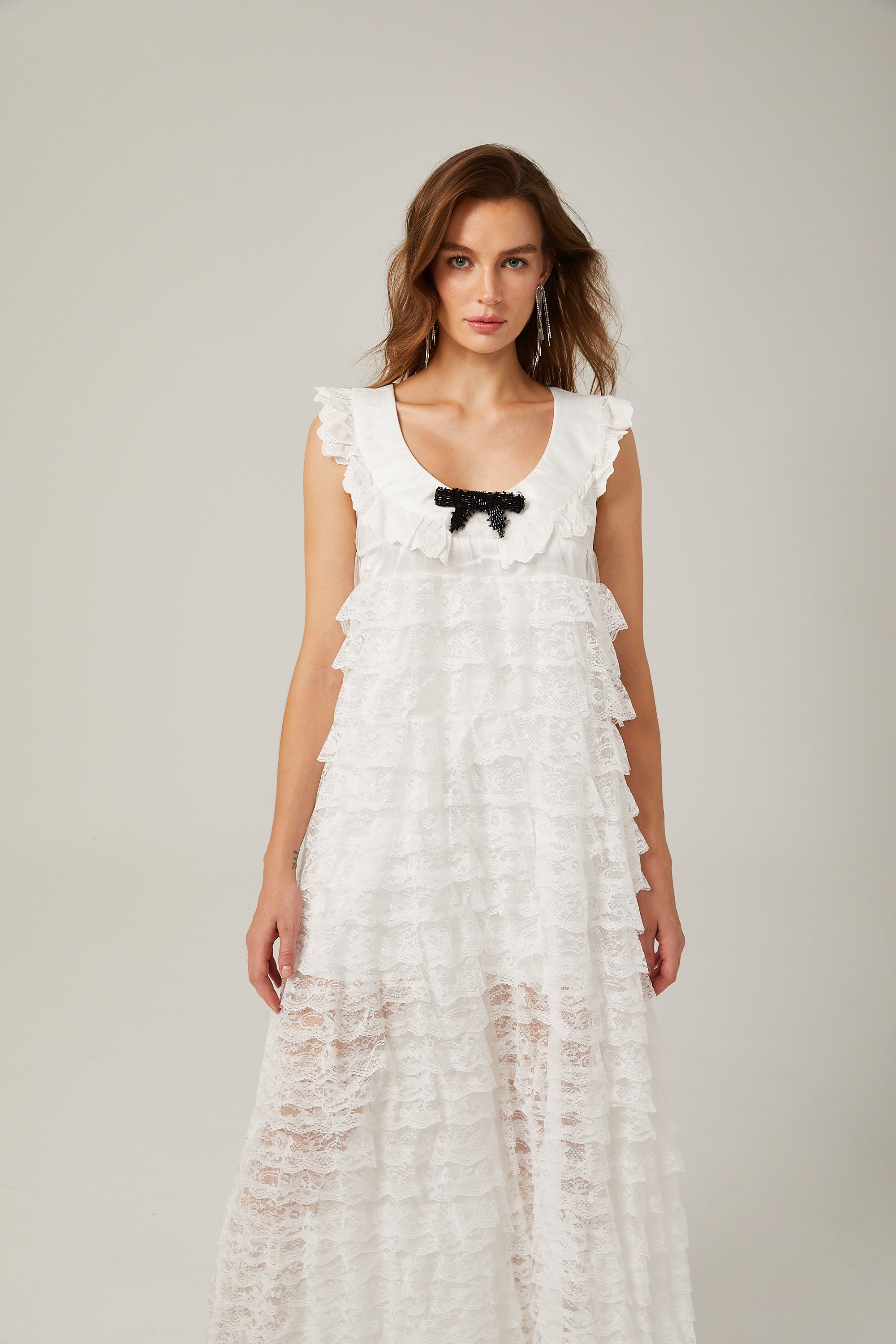 Alora white lace-trim tiered midi dress (Final Sale-US Only)