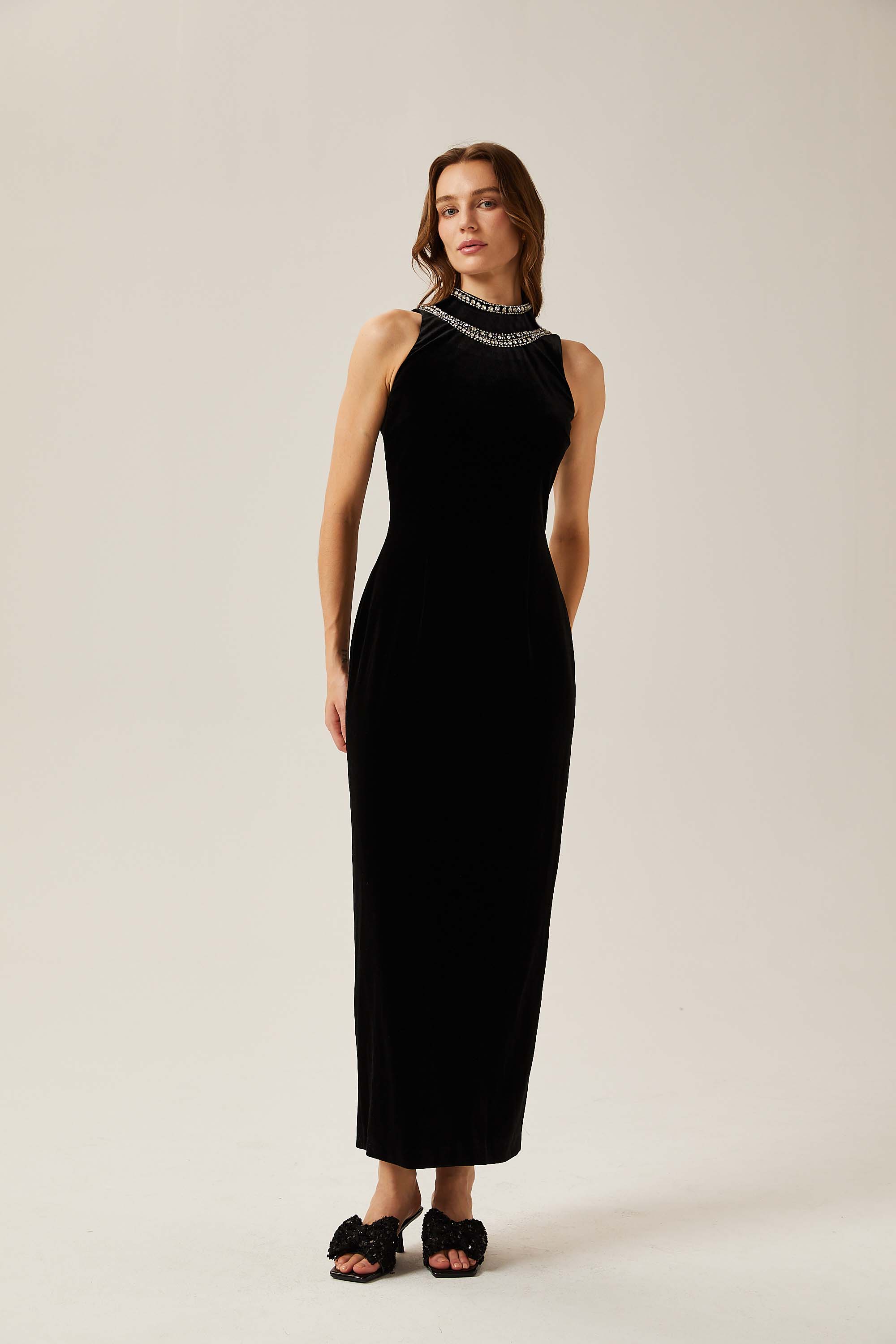 Colette black crystal-embellished velvet gown