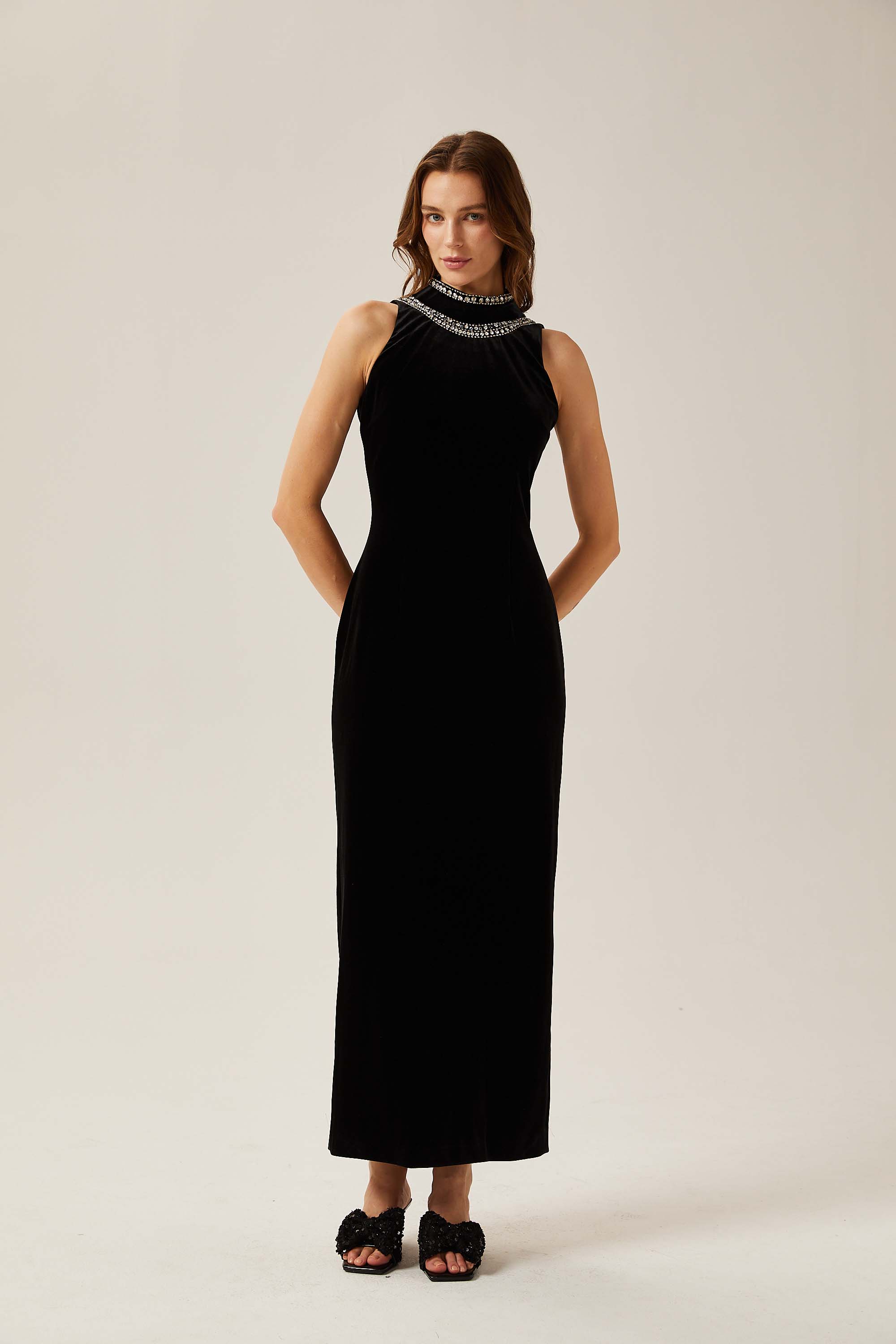Colette black crystal-embellished velvet gown