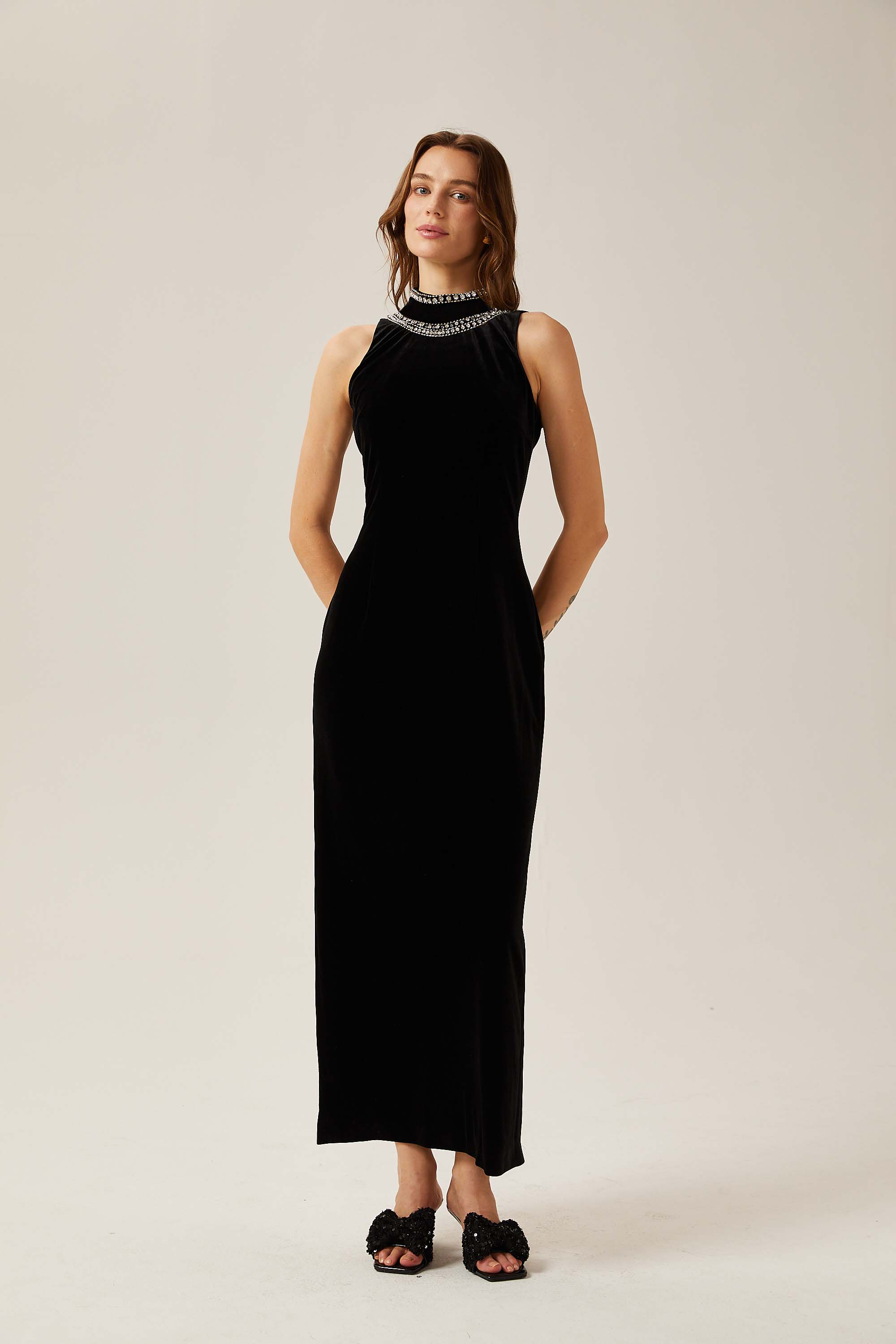 Colette black crystal-embellished velvet gown