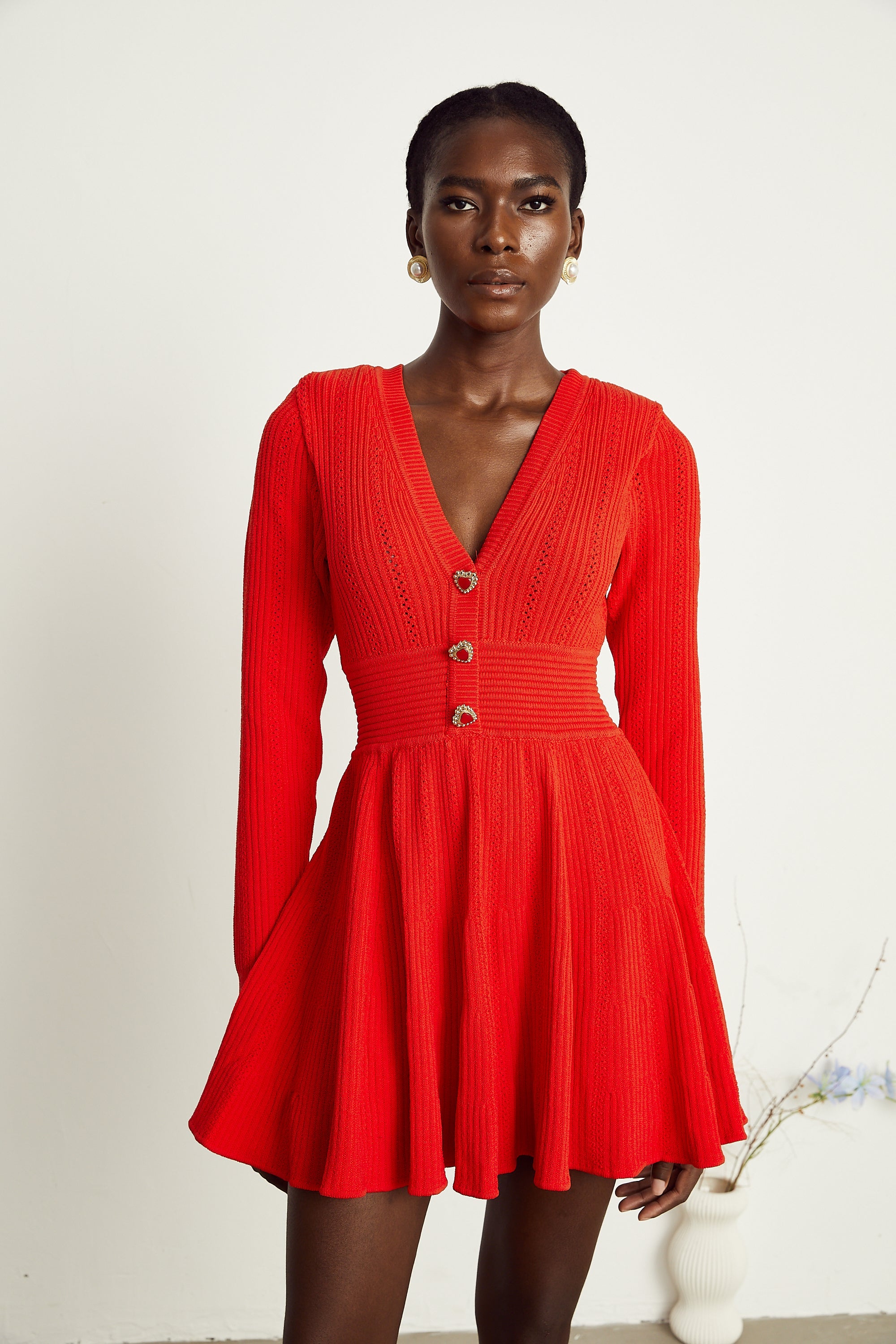 Coralie red V-neck flared mini dress (Final Sale)