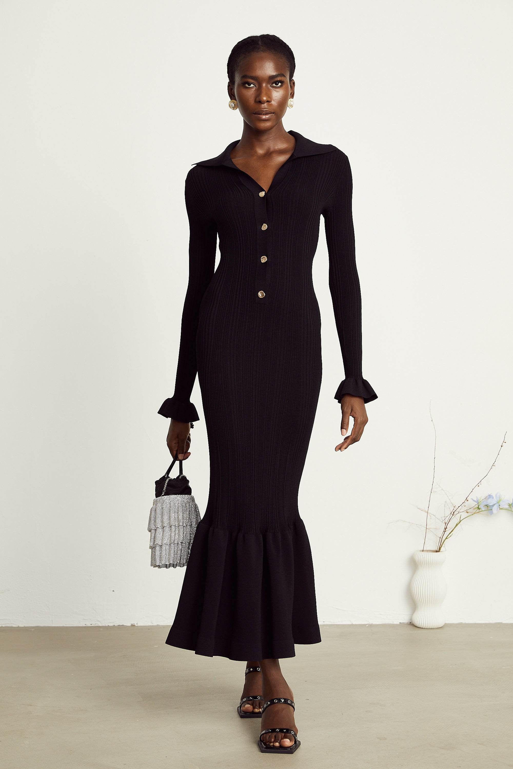 Priscille black ruffled midi dress (Final Sale-US Only)