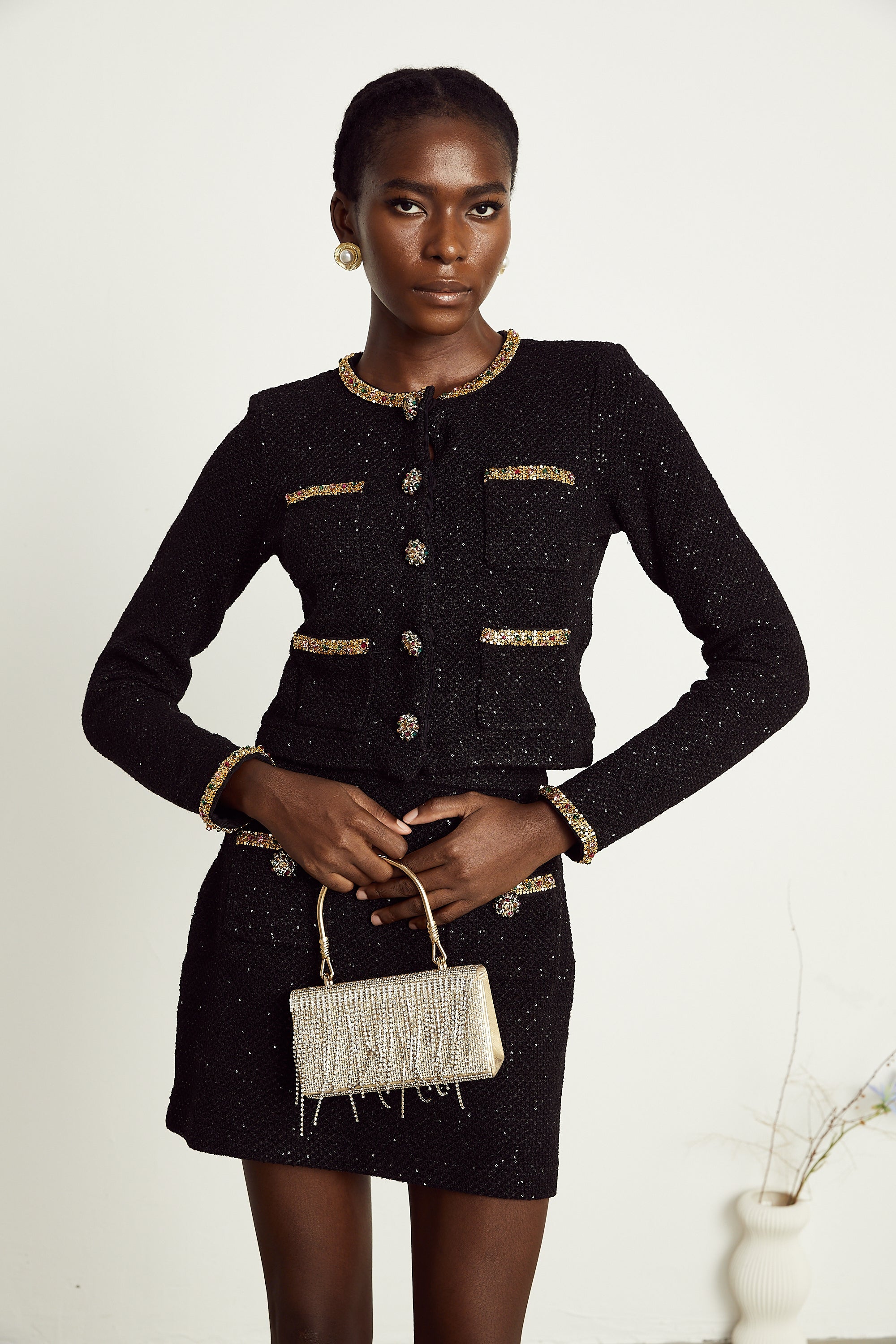 Ariane black sequined tweed jacket & skirt matching set (Final Sale-US Only)