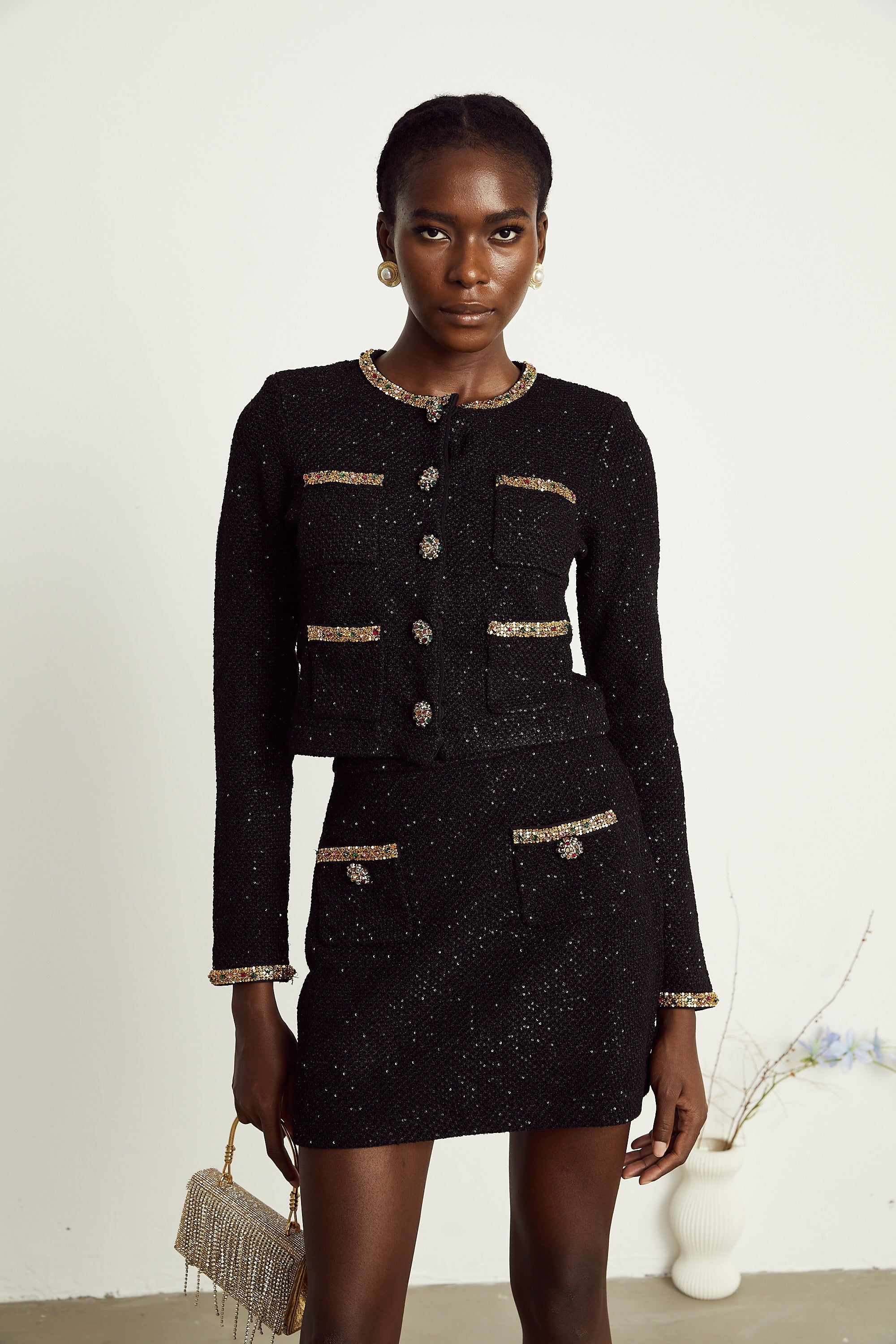 Ariane black sequined tweed jacket & skirt matching set (US Only)