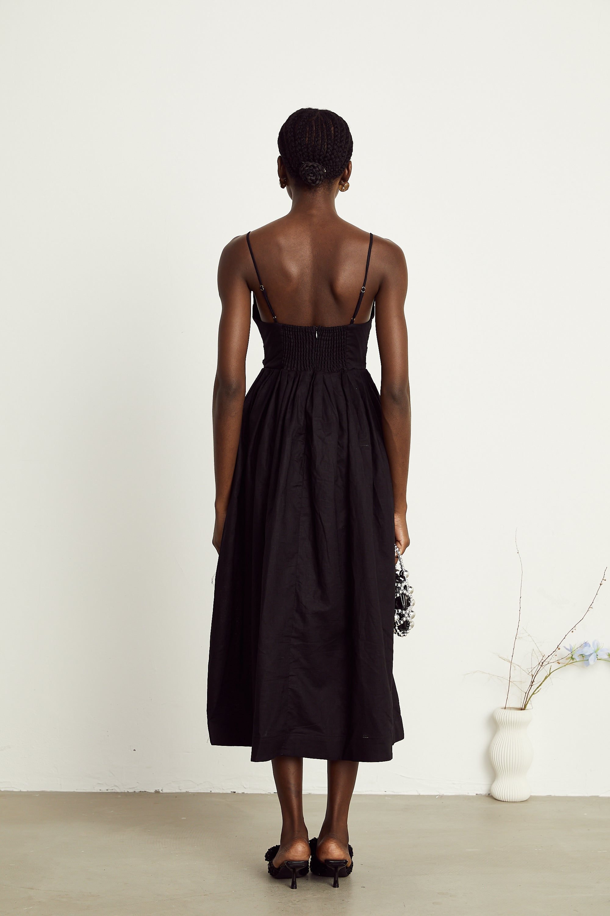 Manon black smocking pleated midi dress (US Only)