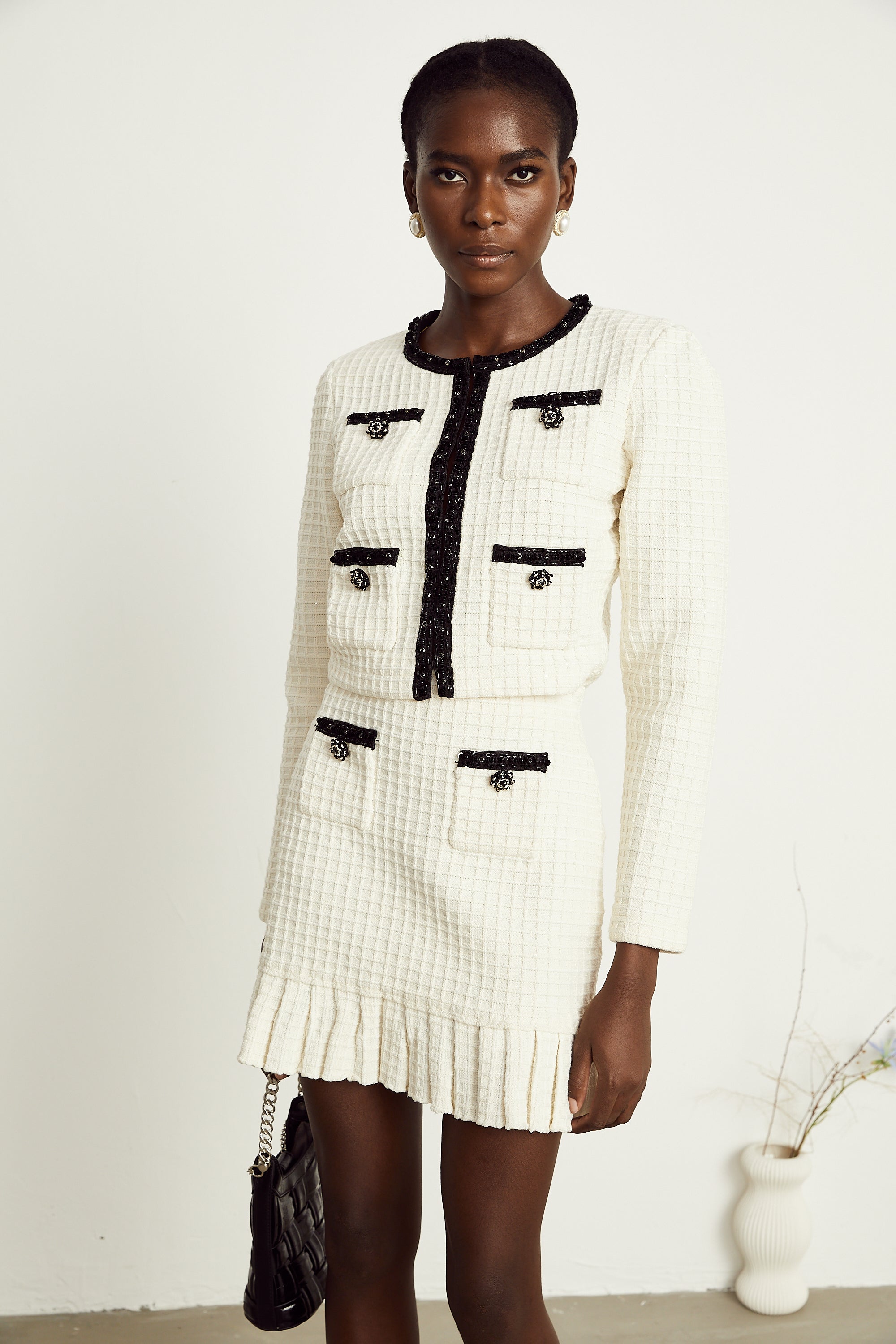 Audrey white waffle-knit jacket & skirt matching set (US Only)