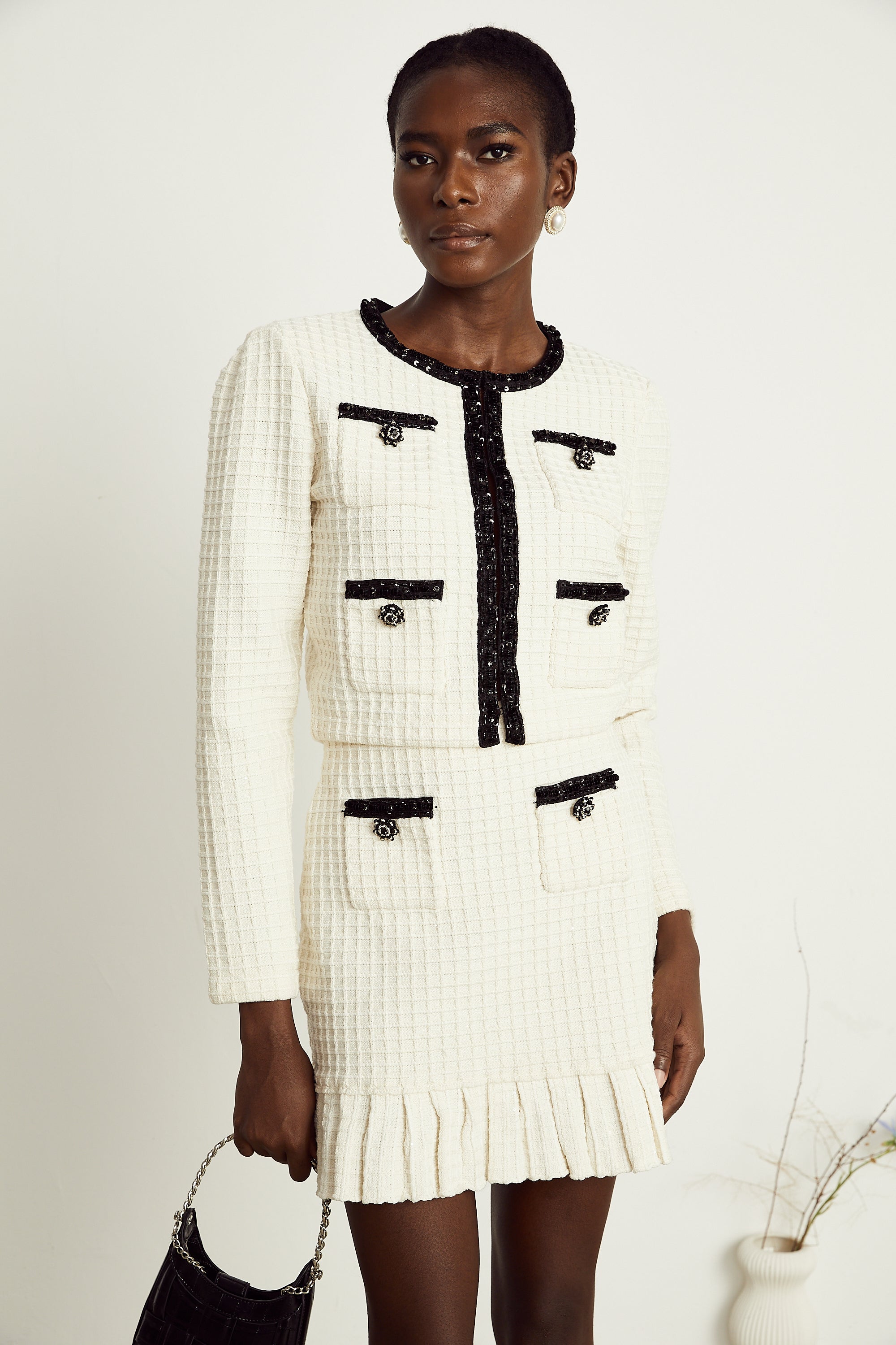 Audrey white waffle-knit jacket & skirt matching set (US Only)