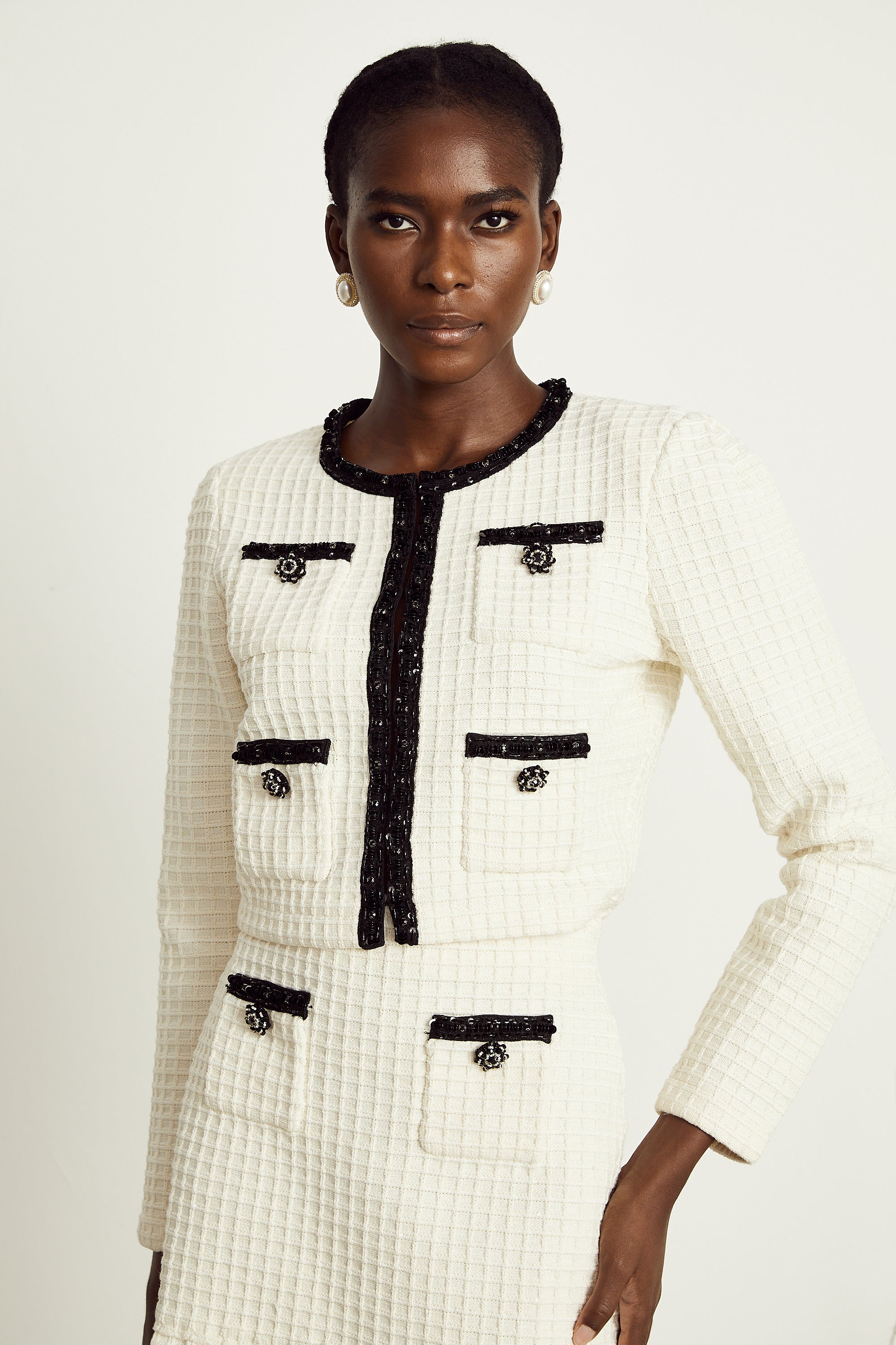 Audrey white waffle-knit jacket & skirt matching set (US Only)