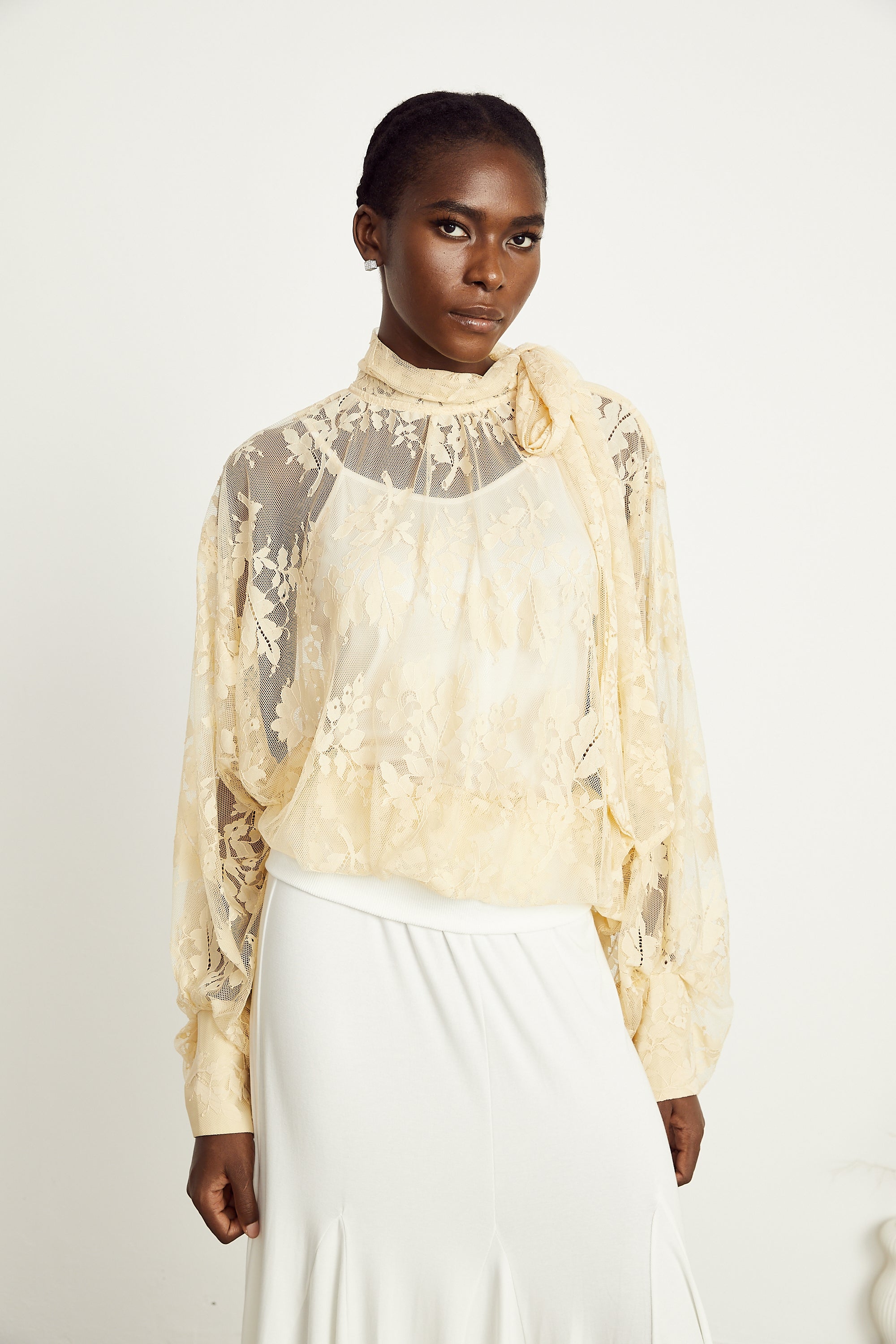 Anaïs pussy-bow embroidered tulle blouse