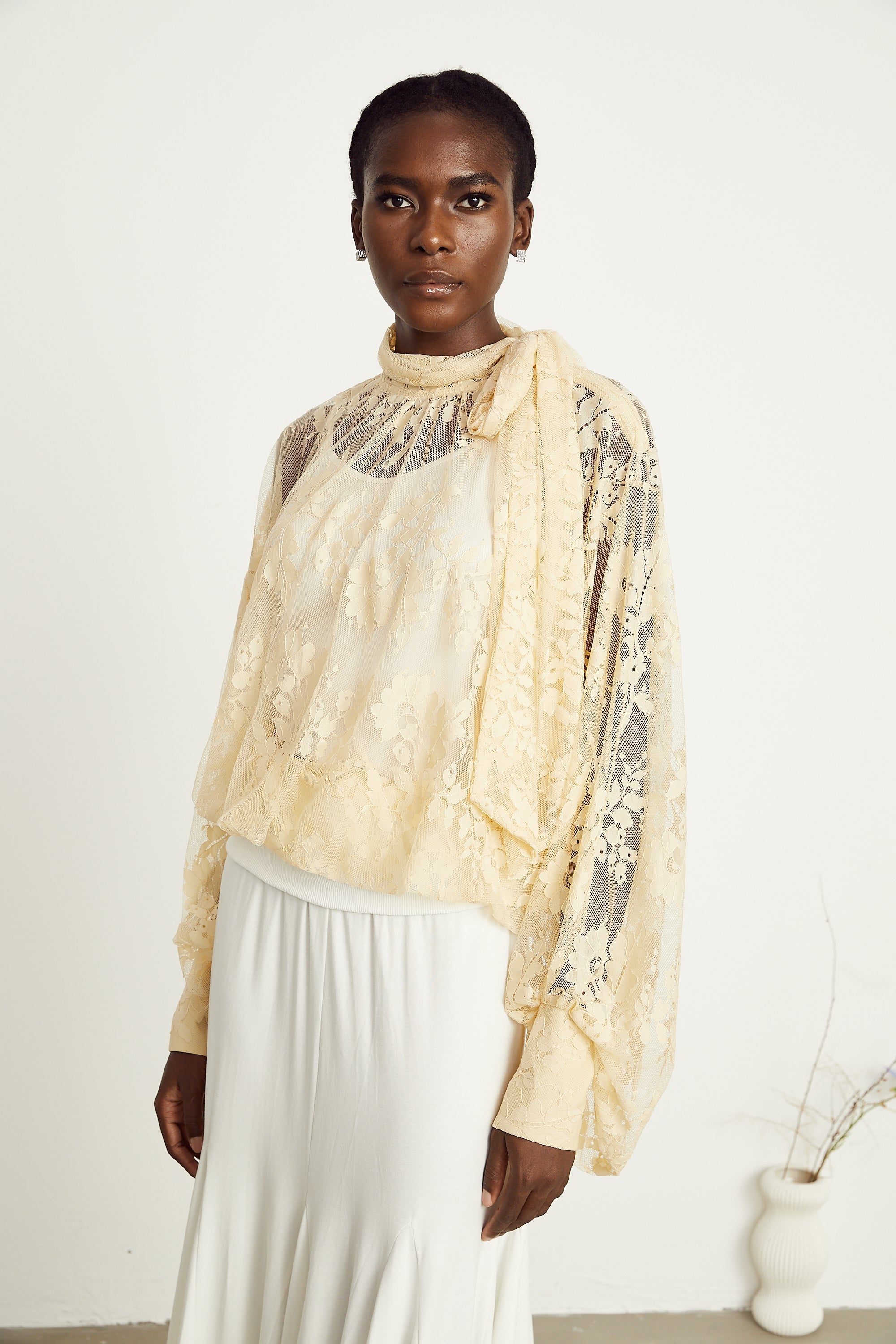 Anaïs pussy-bow embroidered tulle blouse