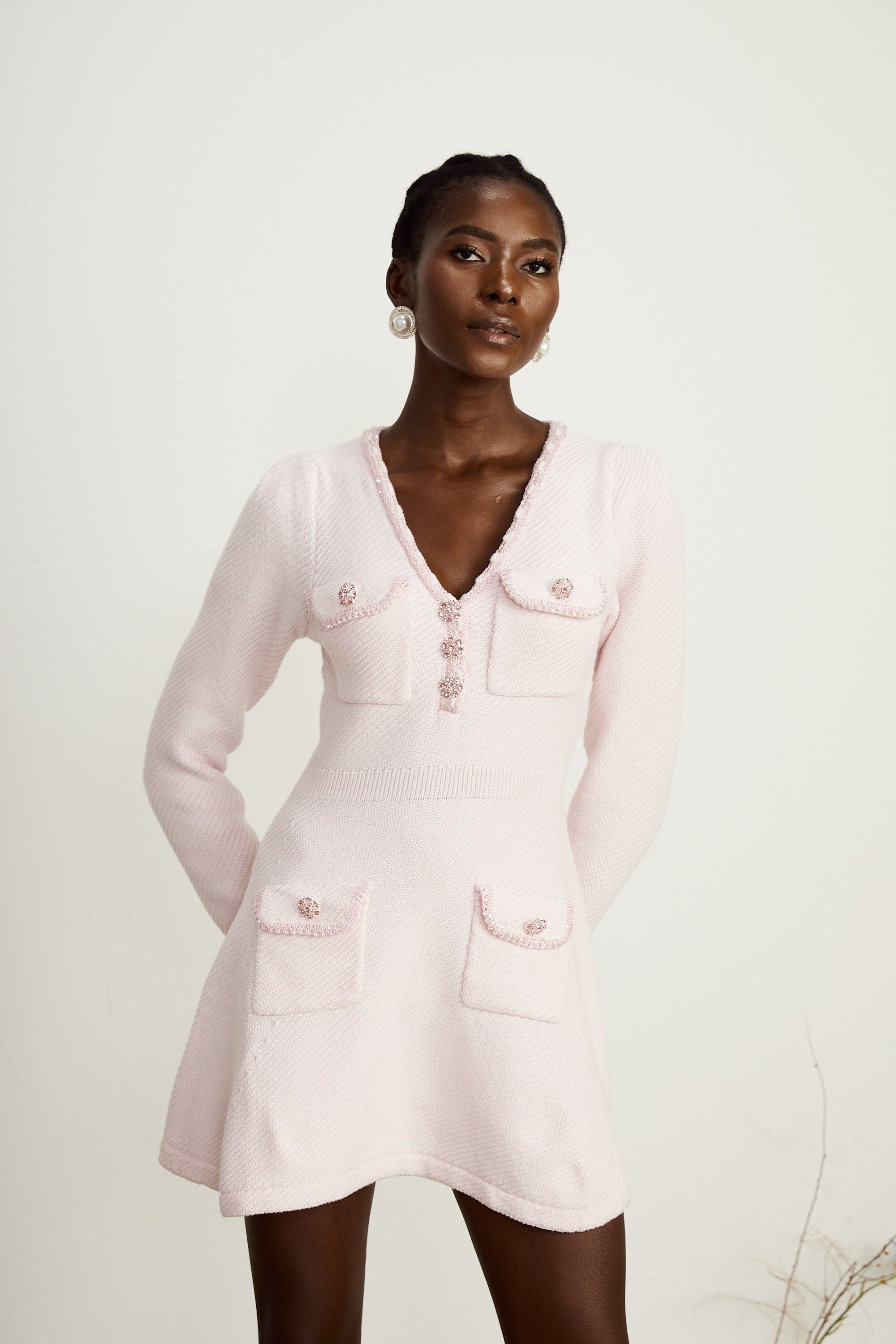 Karine pink V-neck knitted mini dress (Final Sale)