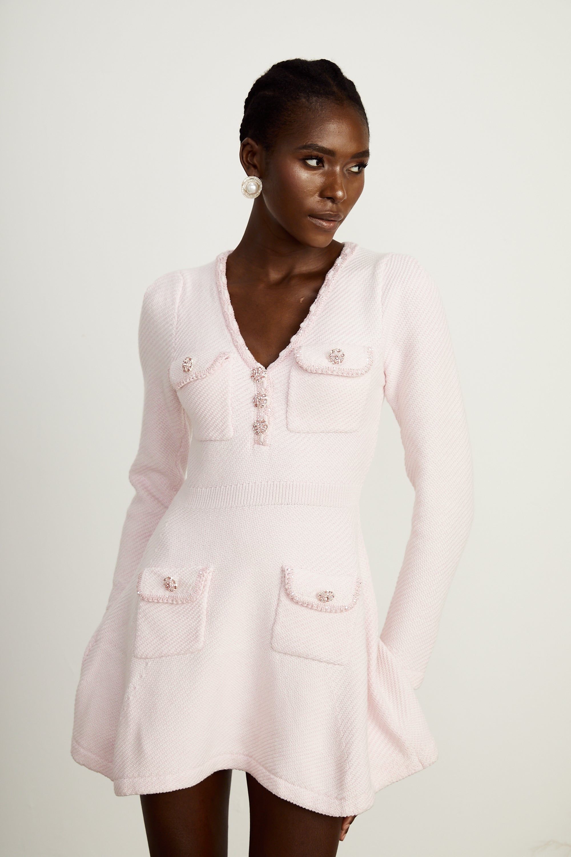 Karine pink V-neck knitted mini dress (US Only)