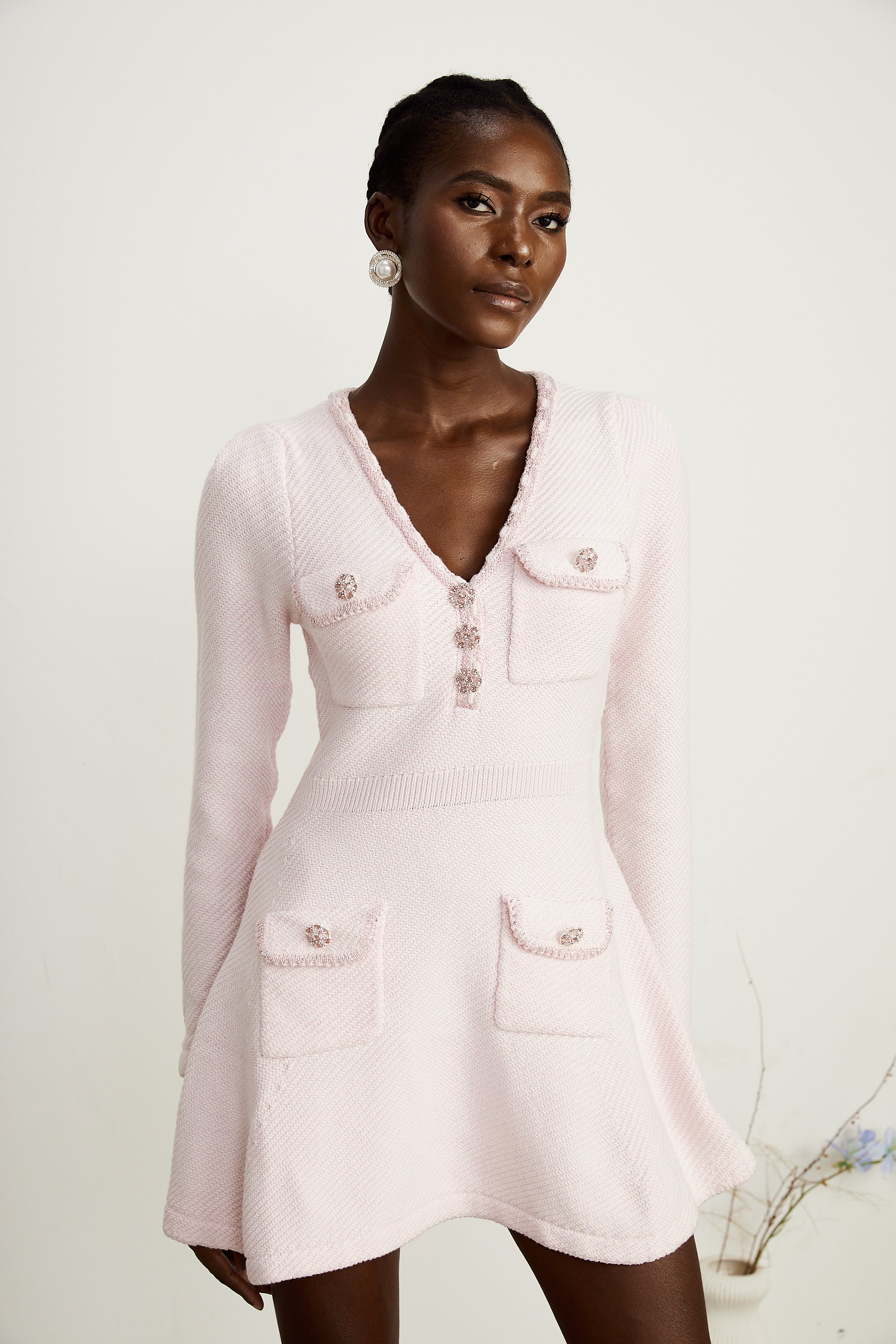 Karine pink V-neck knitted mini dress (US Only)