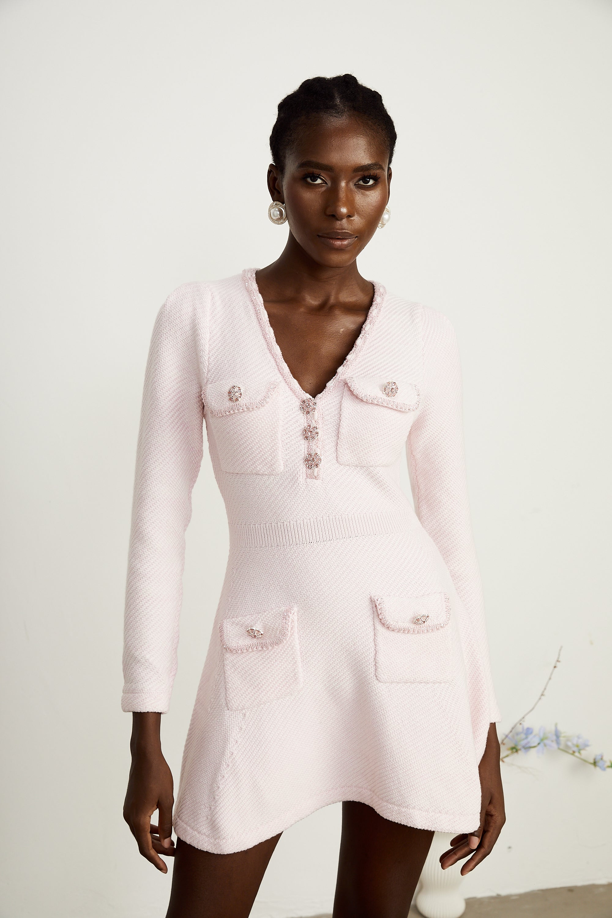 Karine pink V-neck knitted mini dress (Final Sale)