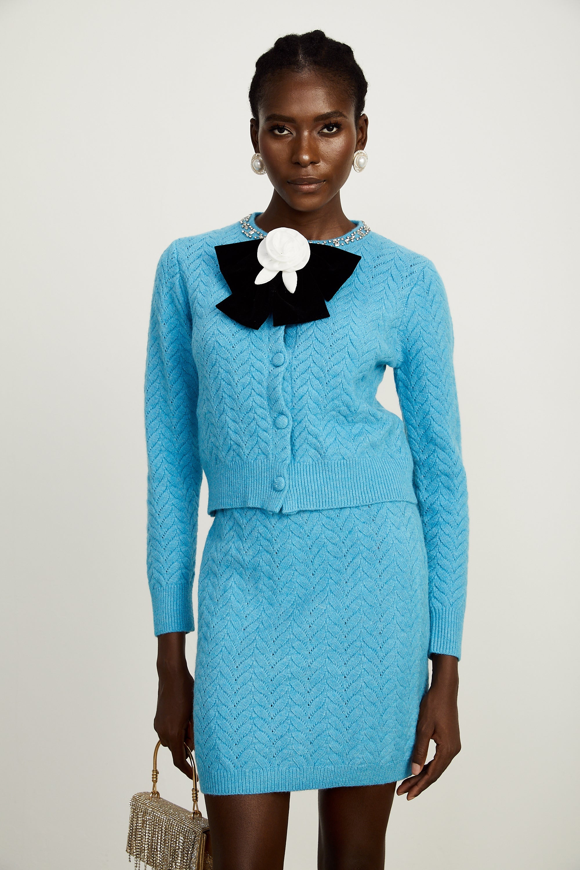 Aliénor blue knitted embellished cardigan & skirt matching set