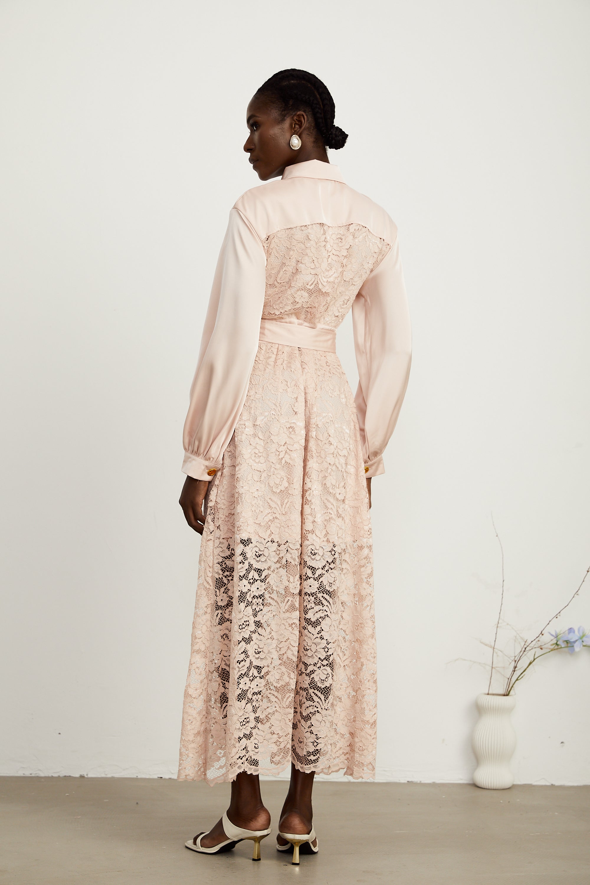Delphine pink lace-panel belted midi dress (US Only)