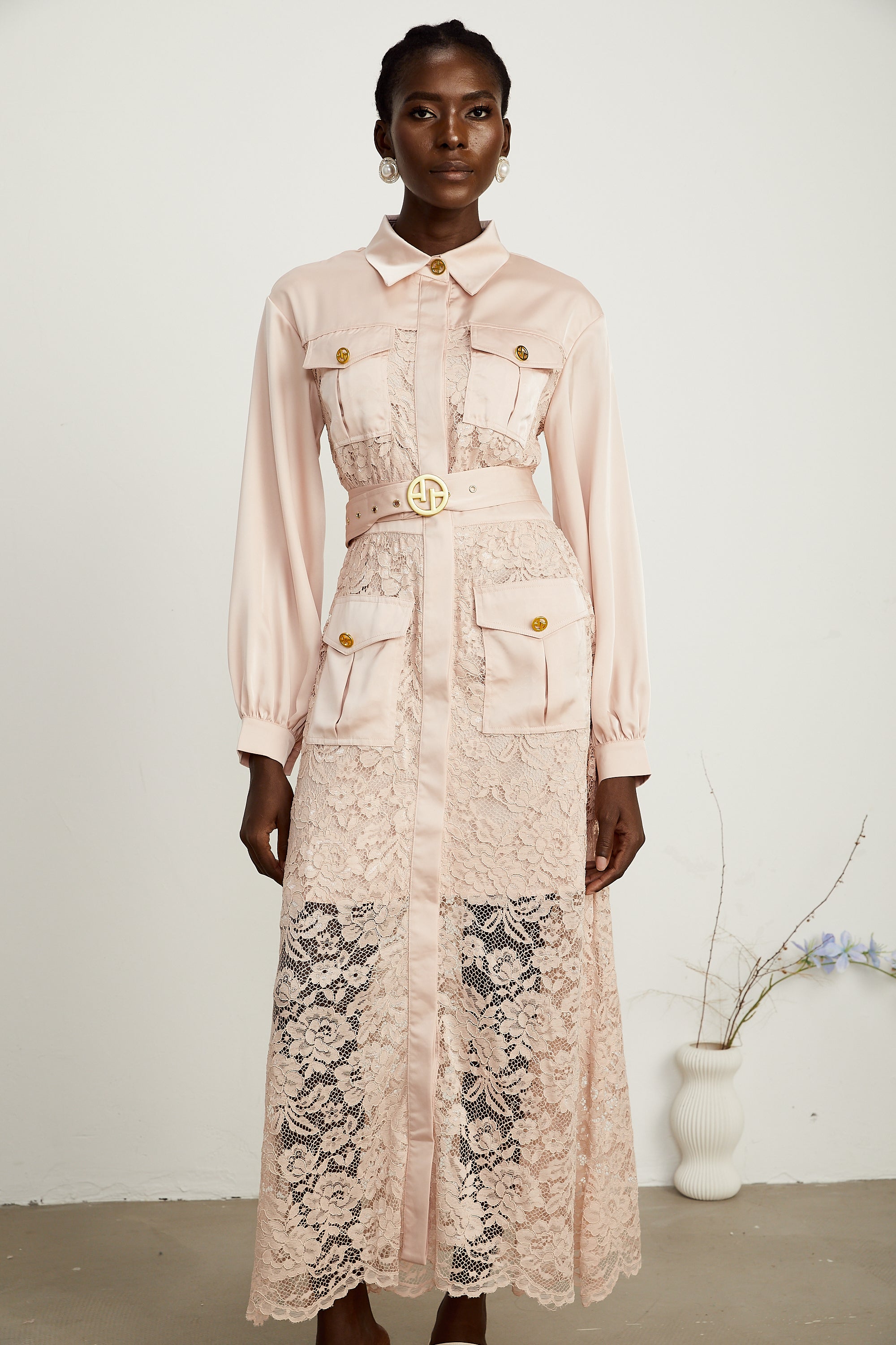 Delphine pink lace-panel belted midi dress (US Only)