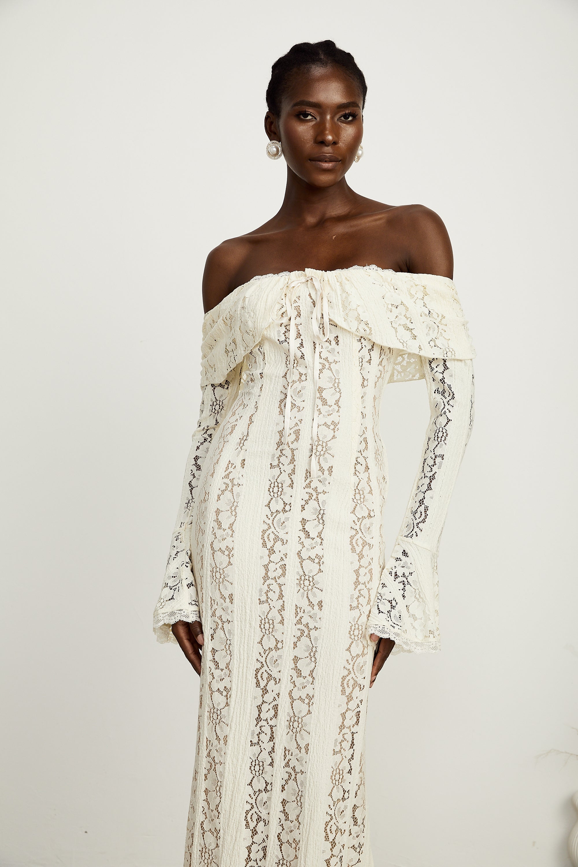 Émeline floral lace flared-cuff maxi dress in Neutrals (Final Sale-US Only)