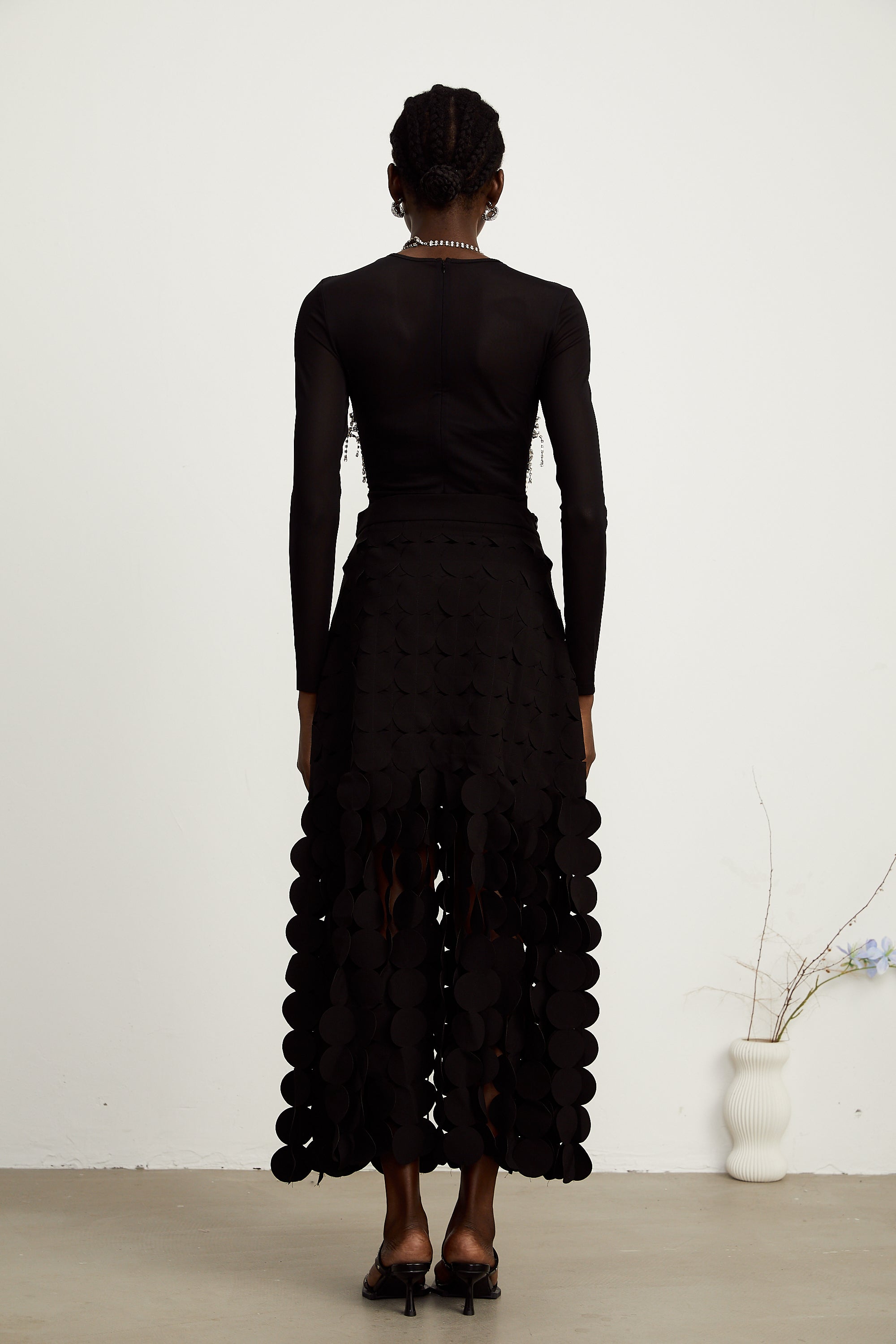 Hanna disc-design fringed maxi skirt in Black