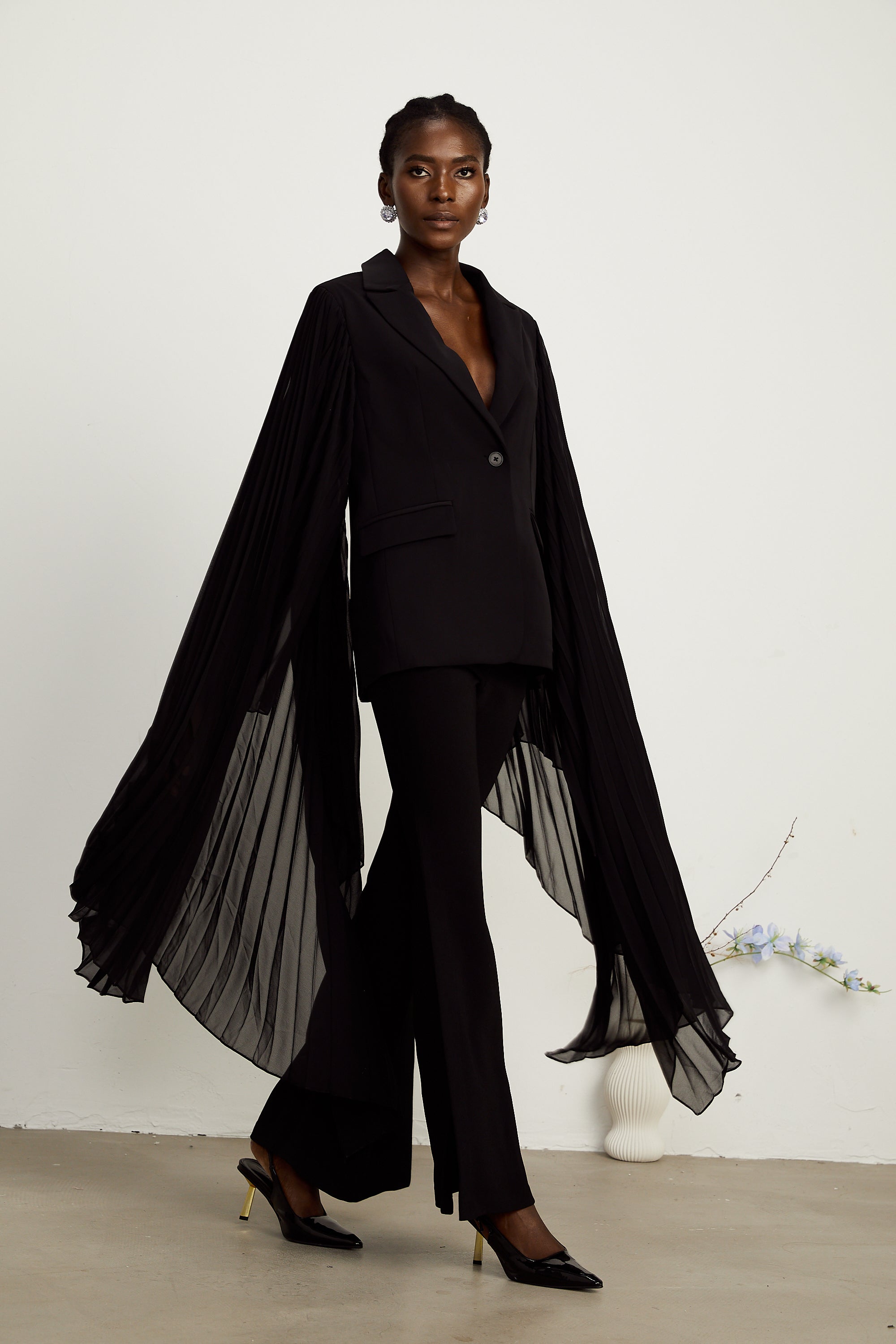 Justine black tulle-panel flared-sleeve blazer (Final Sale-US Only)