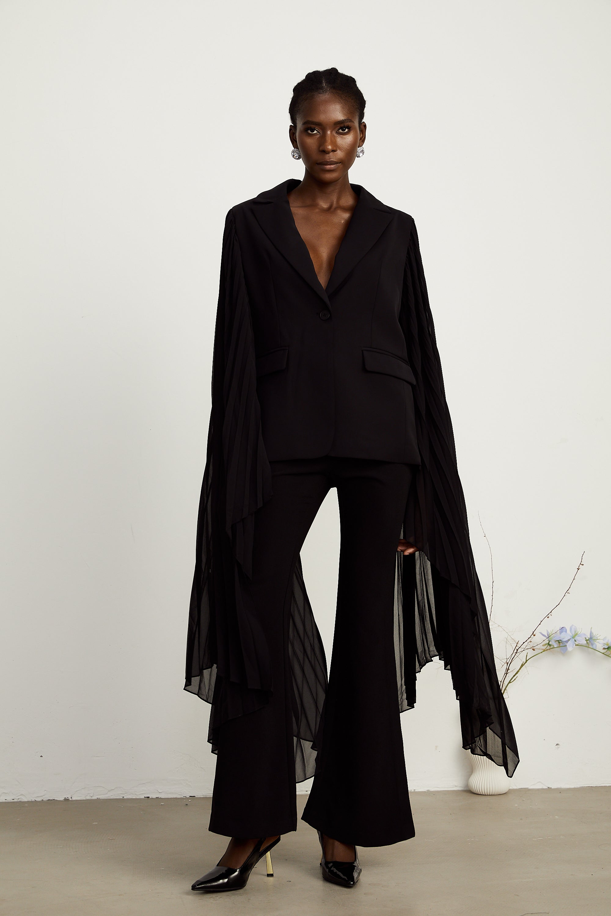 Justine black tulle-panel flared-sleeve blazer (Final Sale-US Only)
