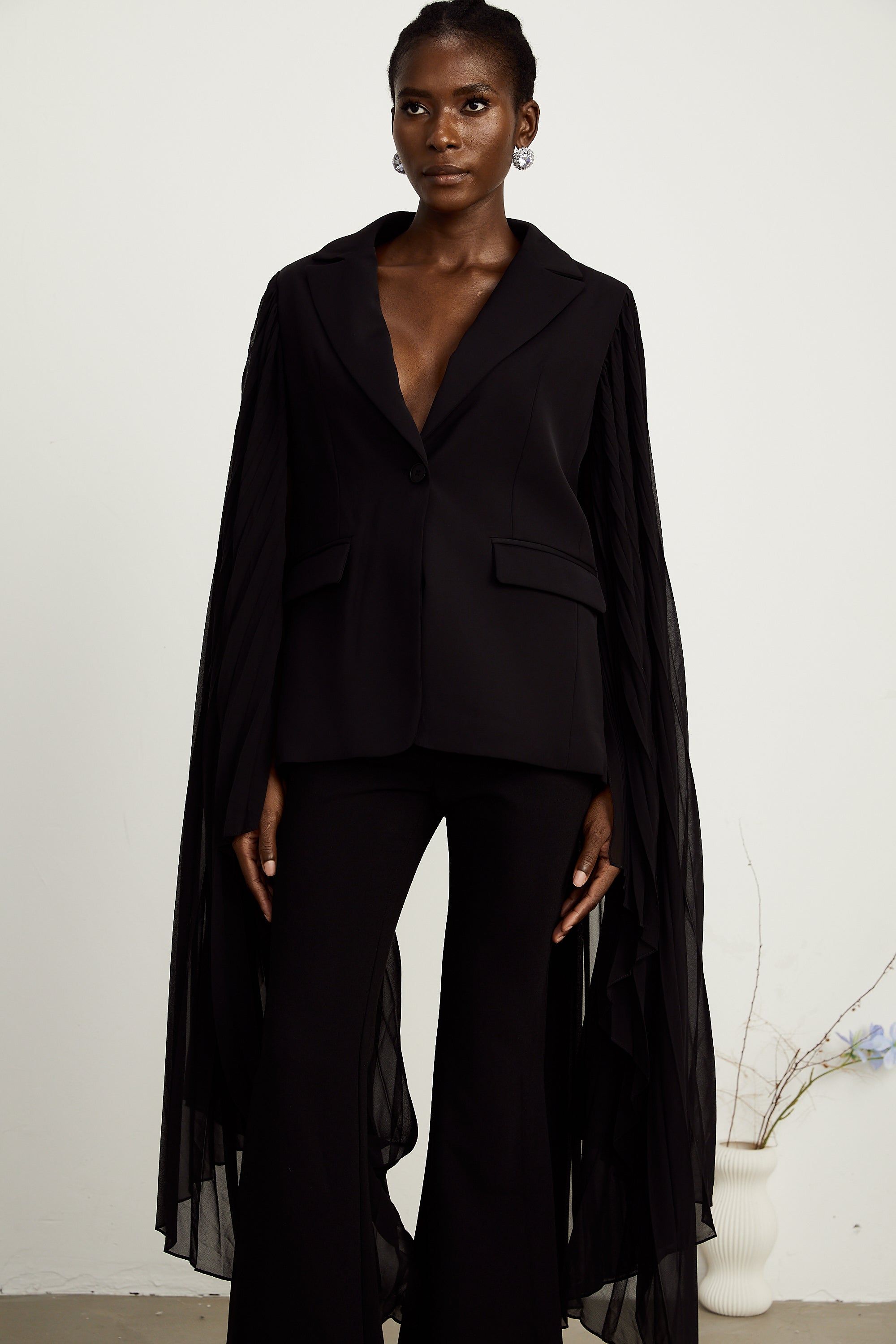 Justine black tulle-panel flared-sleeve blazer (Final Sale-US Only)