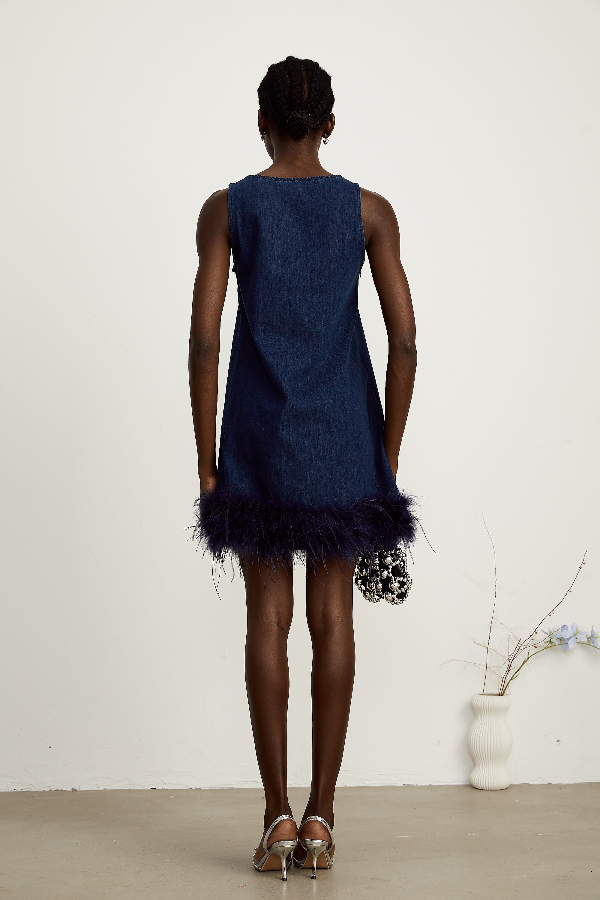 Selene blue sleeveless feather-trim denim mini dress (US Only)