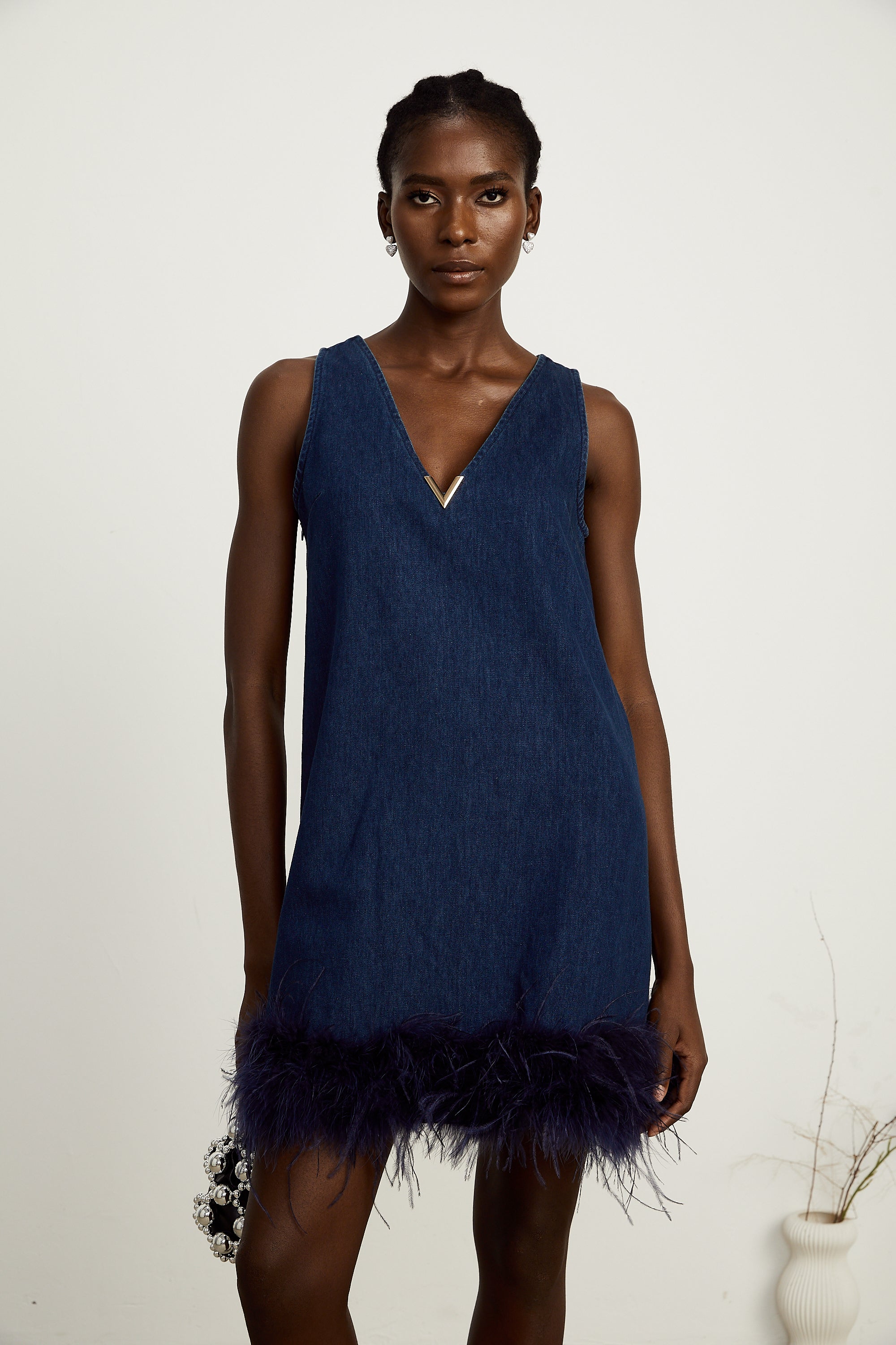 Selene blue sleeveless feather-trim denim mini dress (US Only)