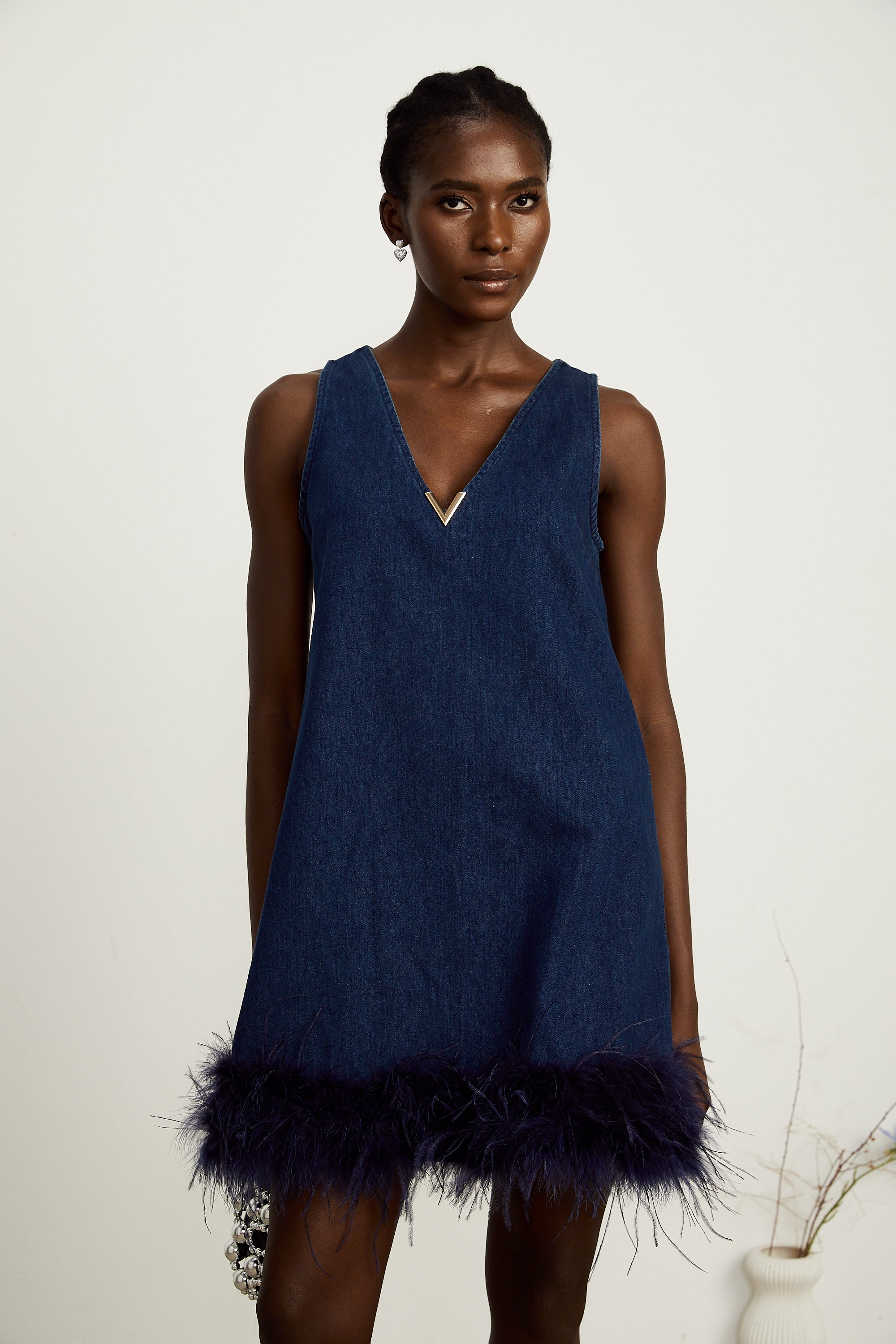 Selene blue sleeveless feather-trim denim mini dress (US Only)