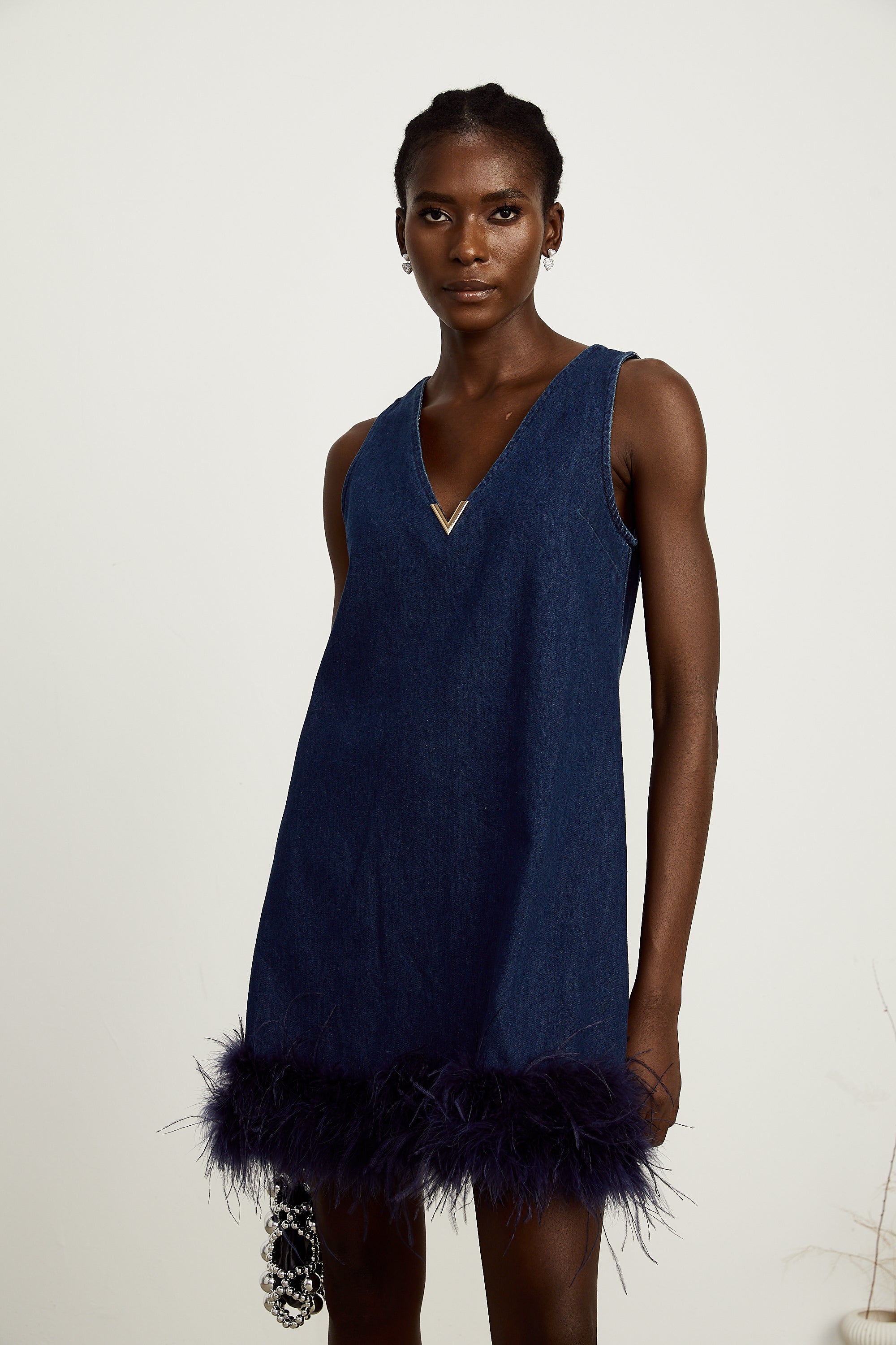 Selene blue sleeveless feather-trim denim mini dress (US Only)