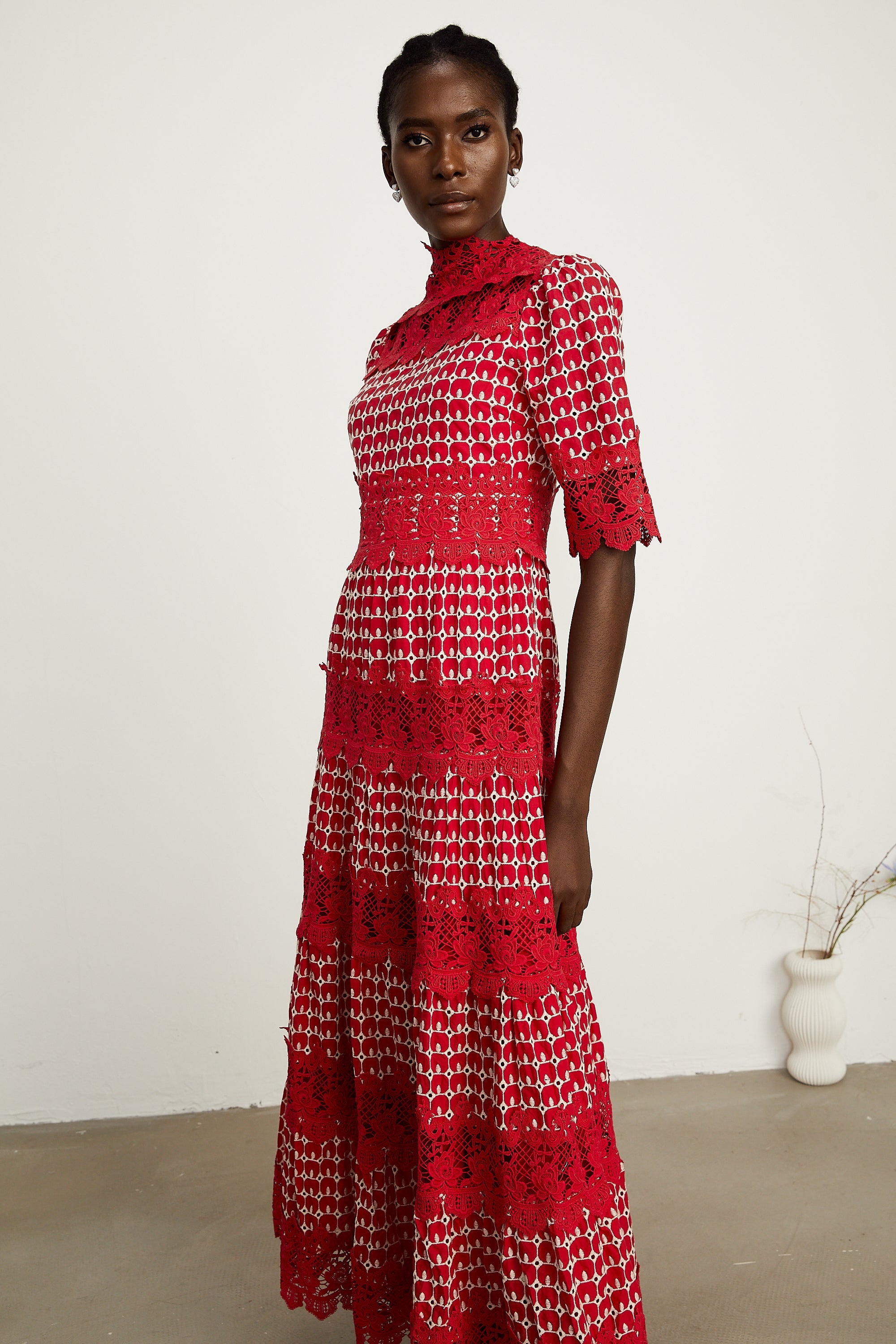 Chantal red scallop-pattern lace-panel maxi dress (Final Sale)