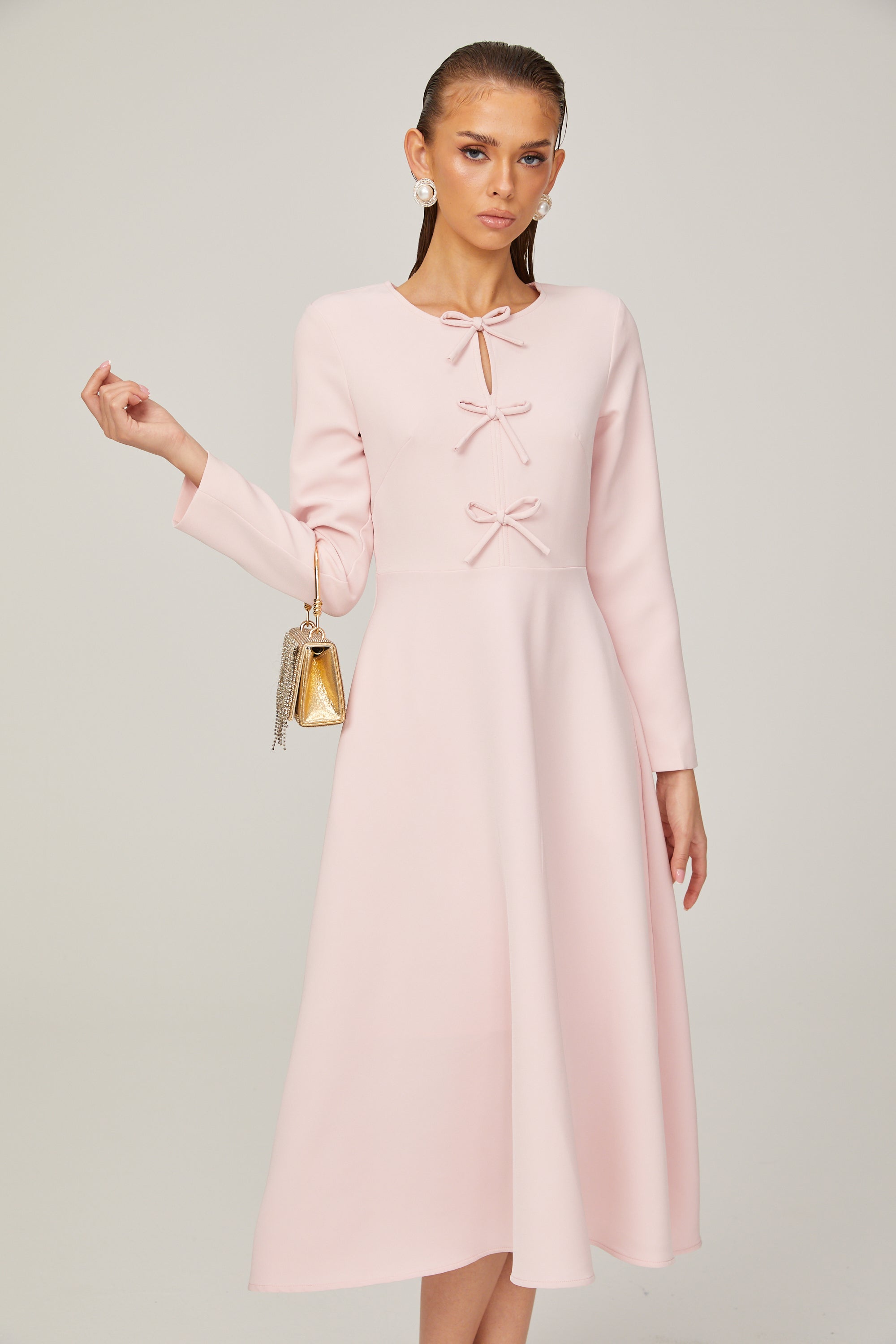 Elise pink bow-detail split-neck midi dress (Final Sale-US Only)