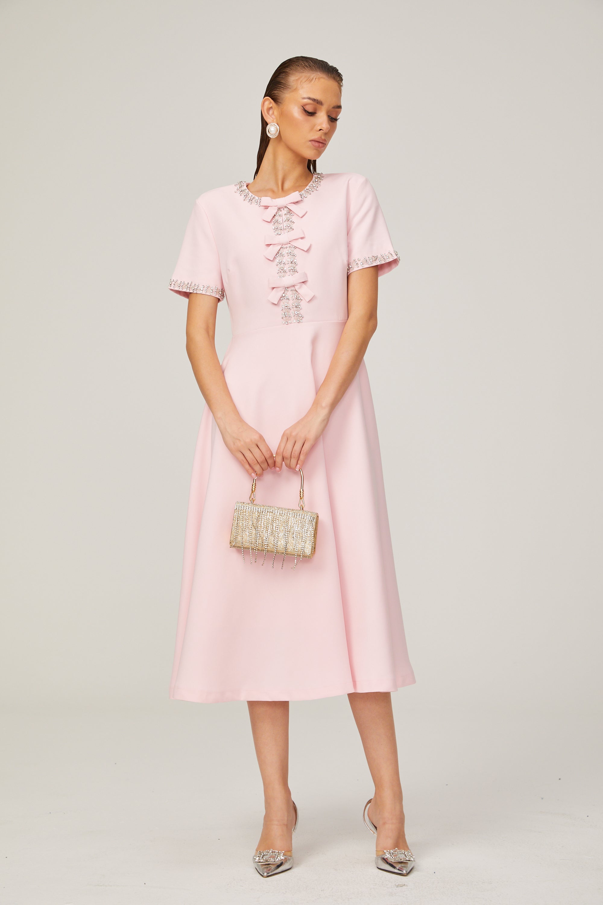 Cassiopeia crystal-accented pink bow midi dress (Final Sale-US Only)