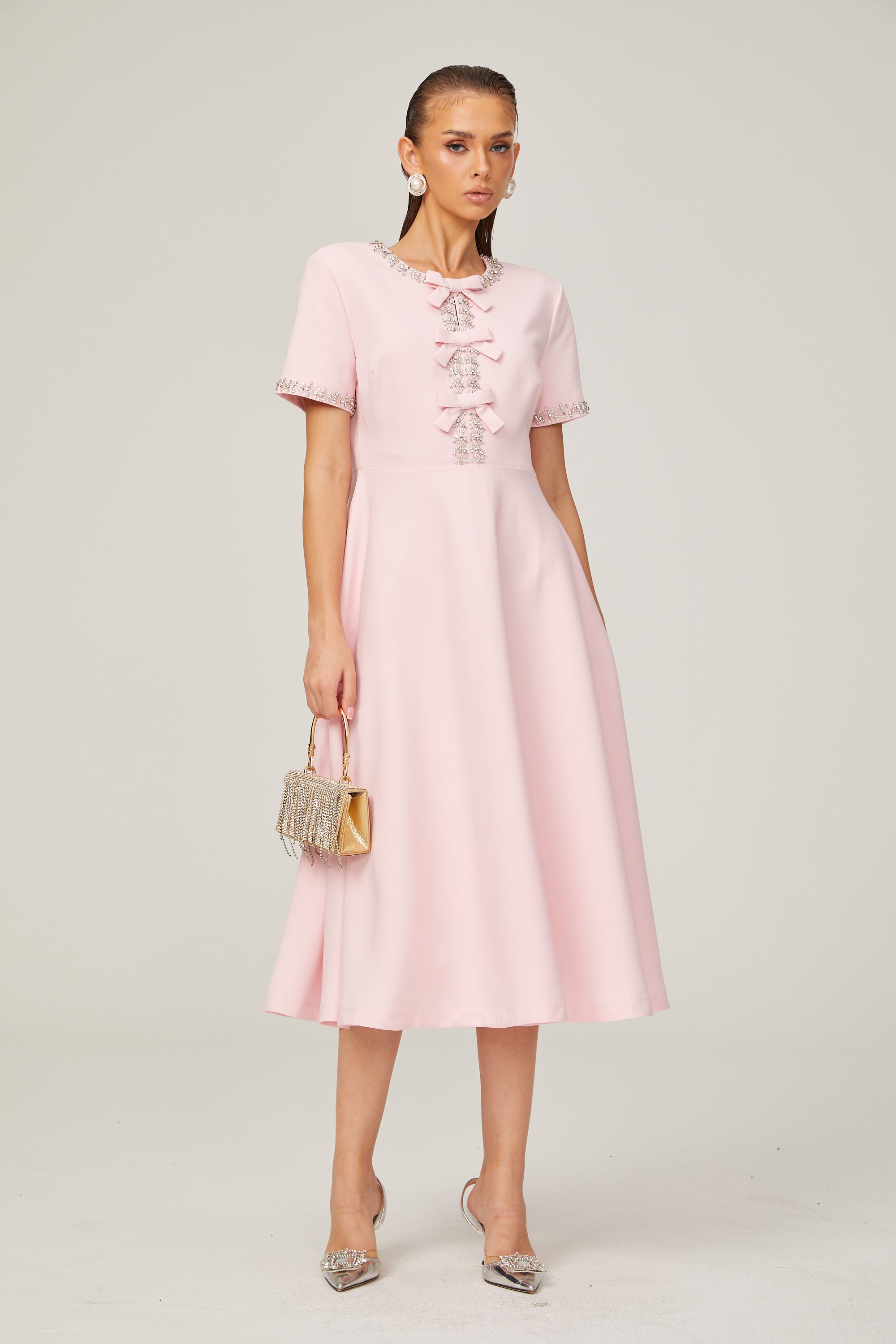 Cassiopeia crystal-accented pink bow midi dress (Final Sale-US Only)