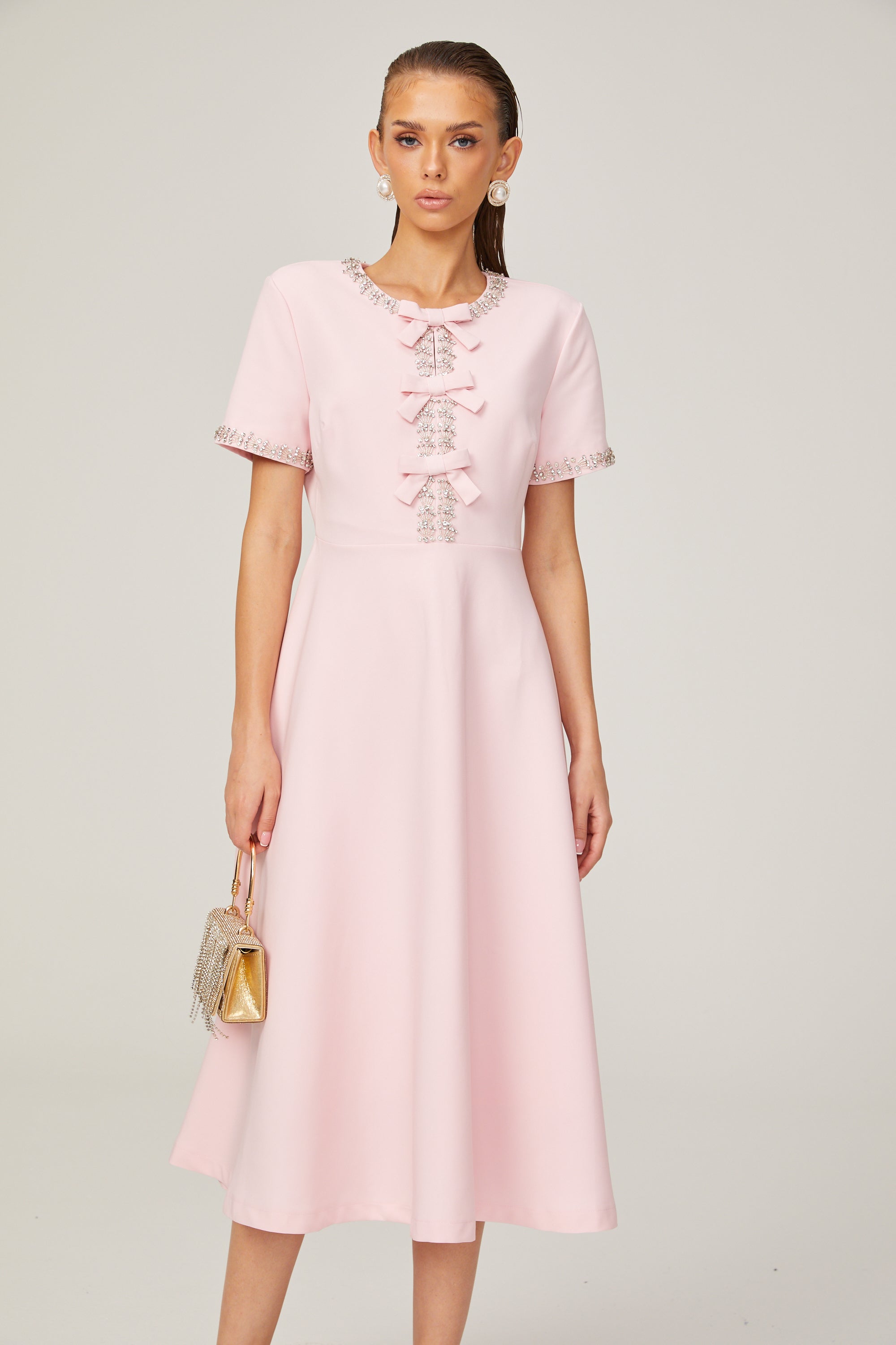 Cassiopeia crystal-accented pink bow midi dress (Final Sale-US Only)