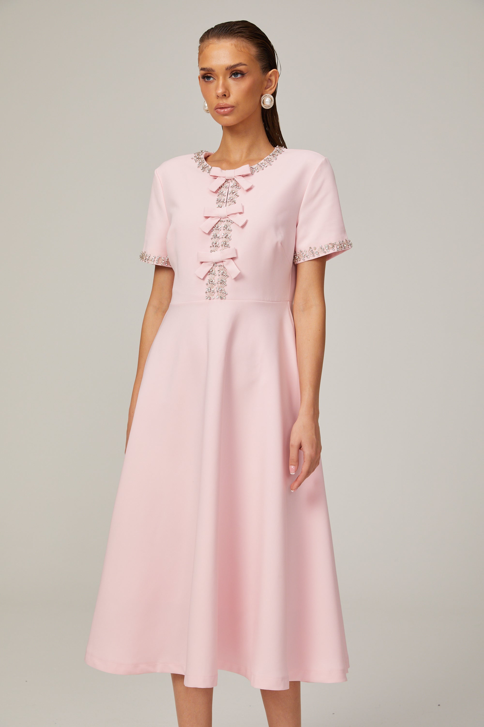 Cassiopeia crystal-accented pink bow midi dress (Final Sale-US Only)