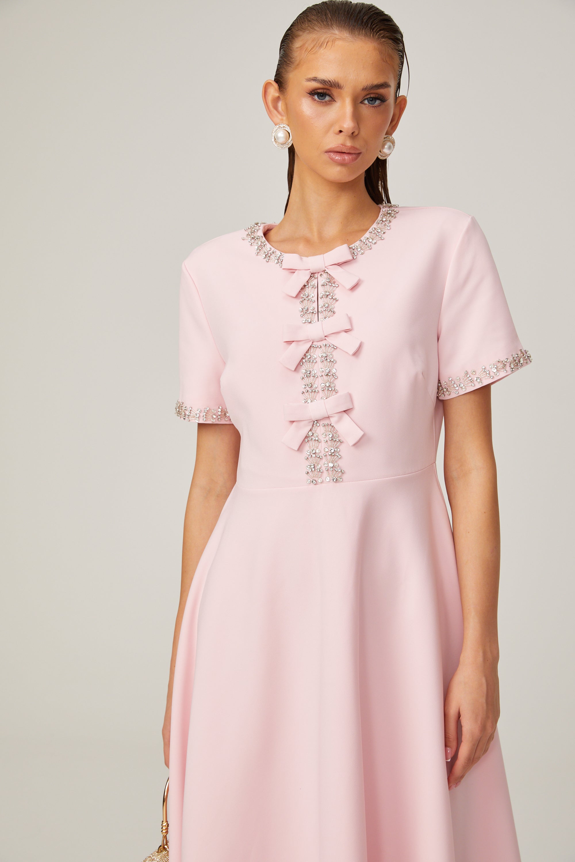 Cassiopeia crystal-accented pink bow midi dress (Final Sale-US Only)