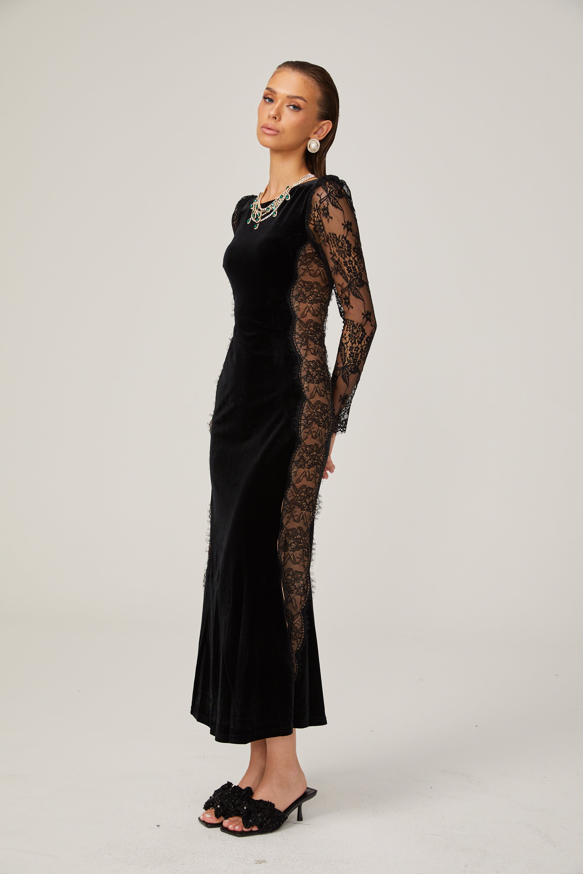 Hilaire black lace-panel open-back velvet midi dress (US Only)