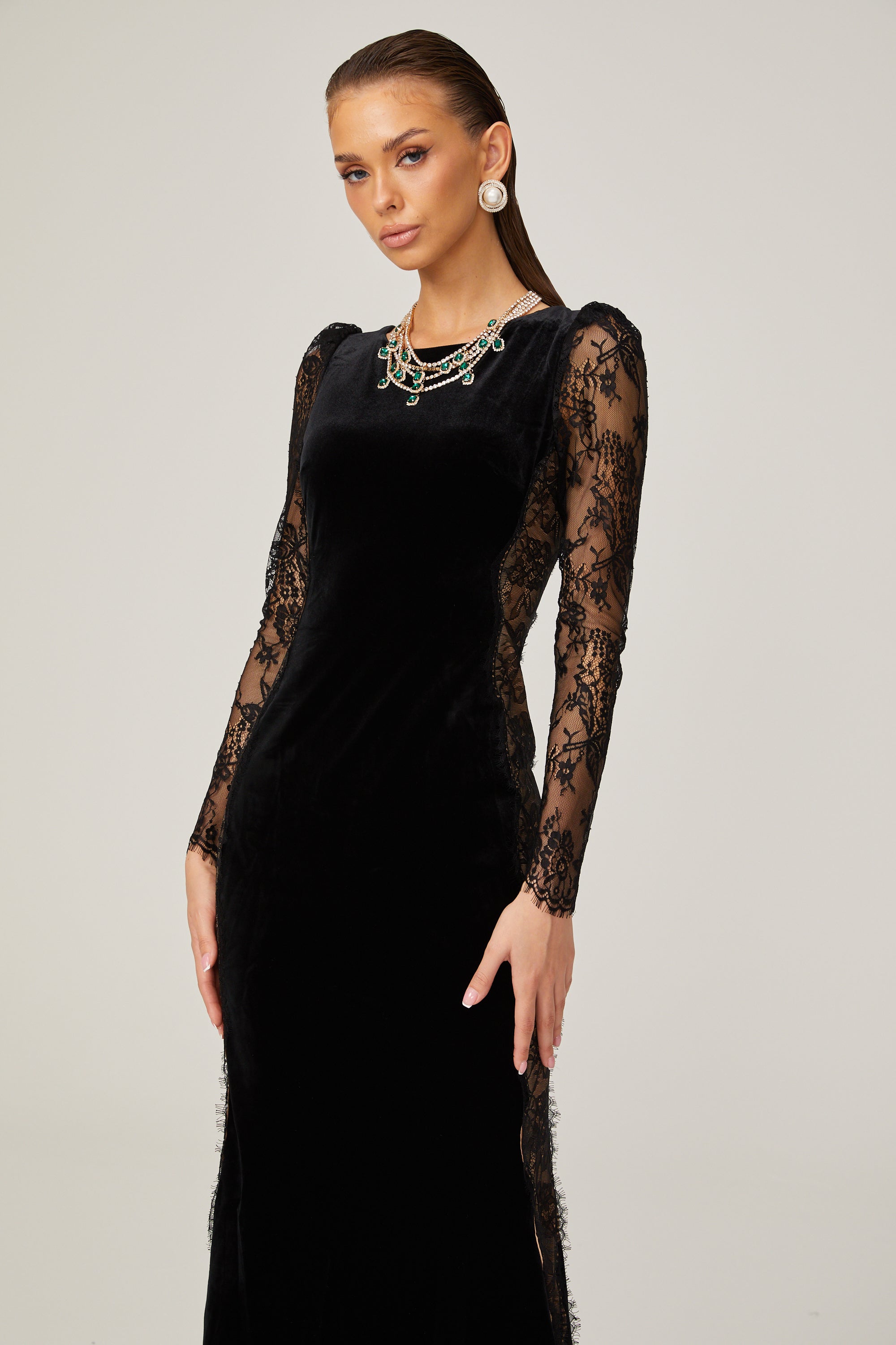 Hilaire black lace-panel open-back velvet midi dress (US Only)