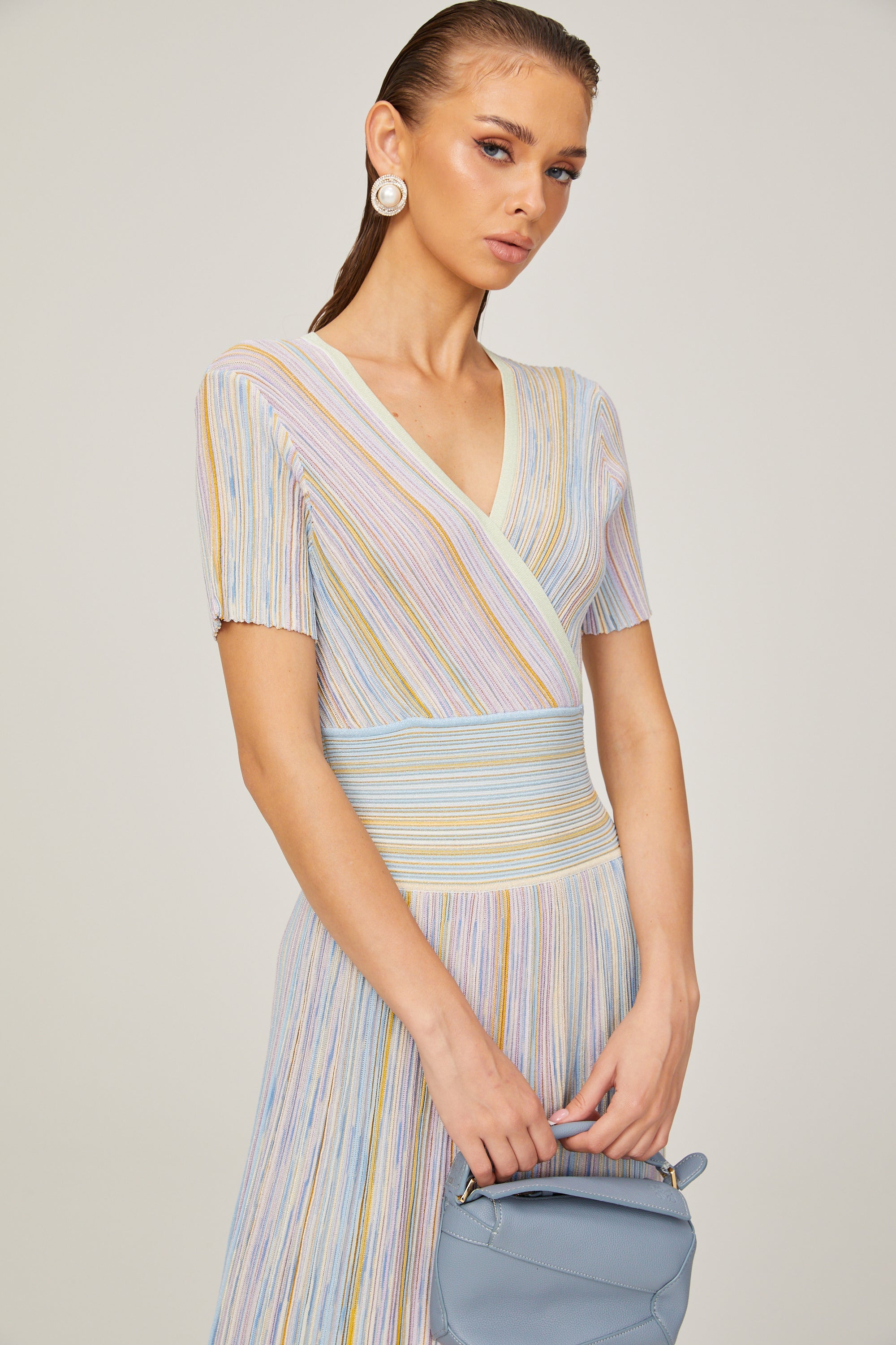Diane contrast-color pinstripe rib-knit midi dress