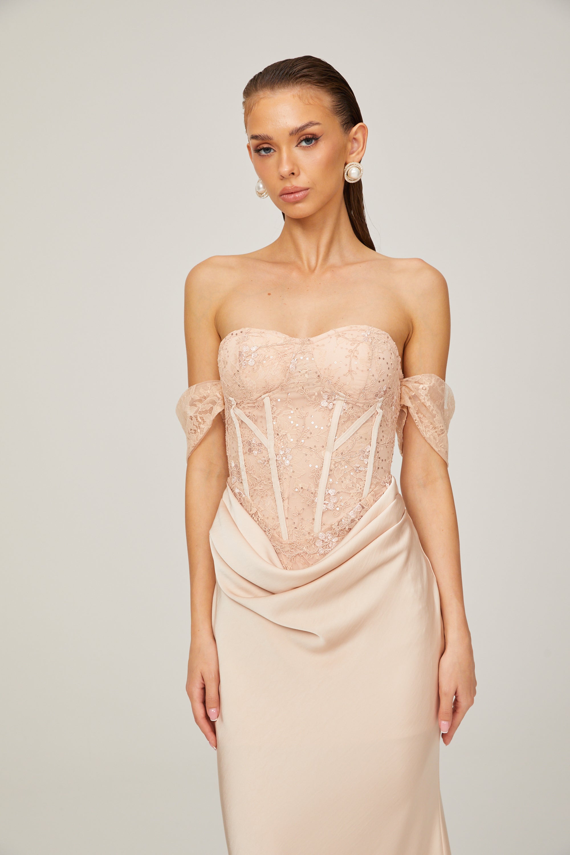 Ariane pink lace-panel draped midi dress