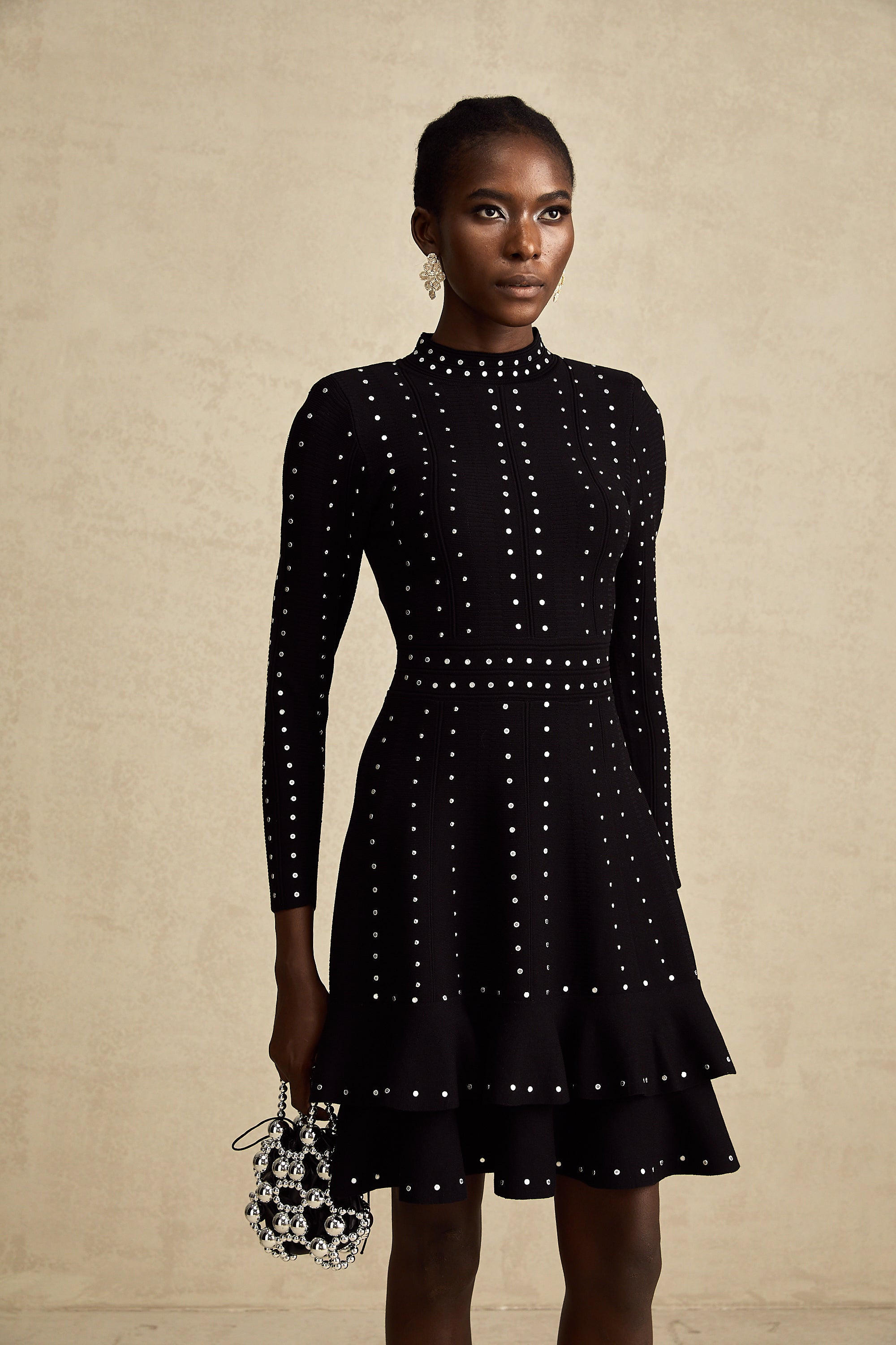 Fabienne Black Embellished Ruffled Knit Mini Dress (Final Sale)