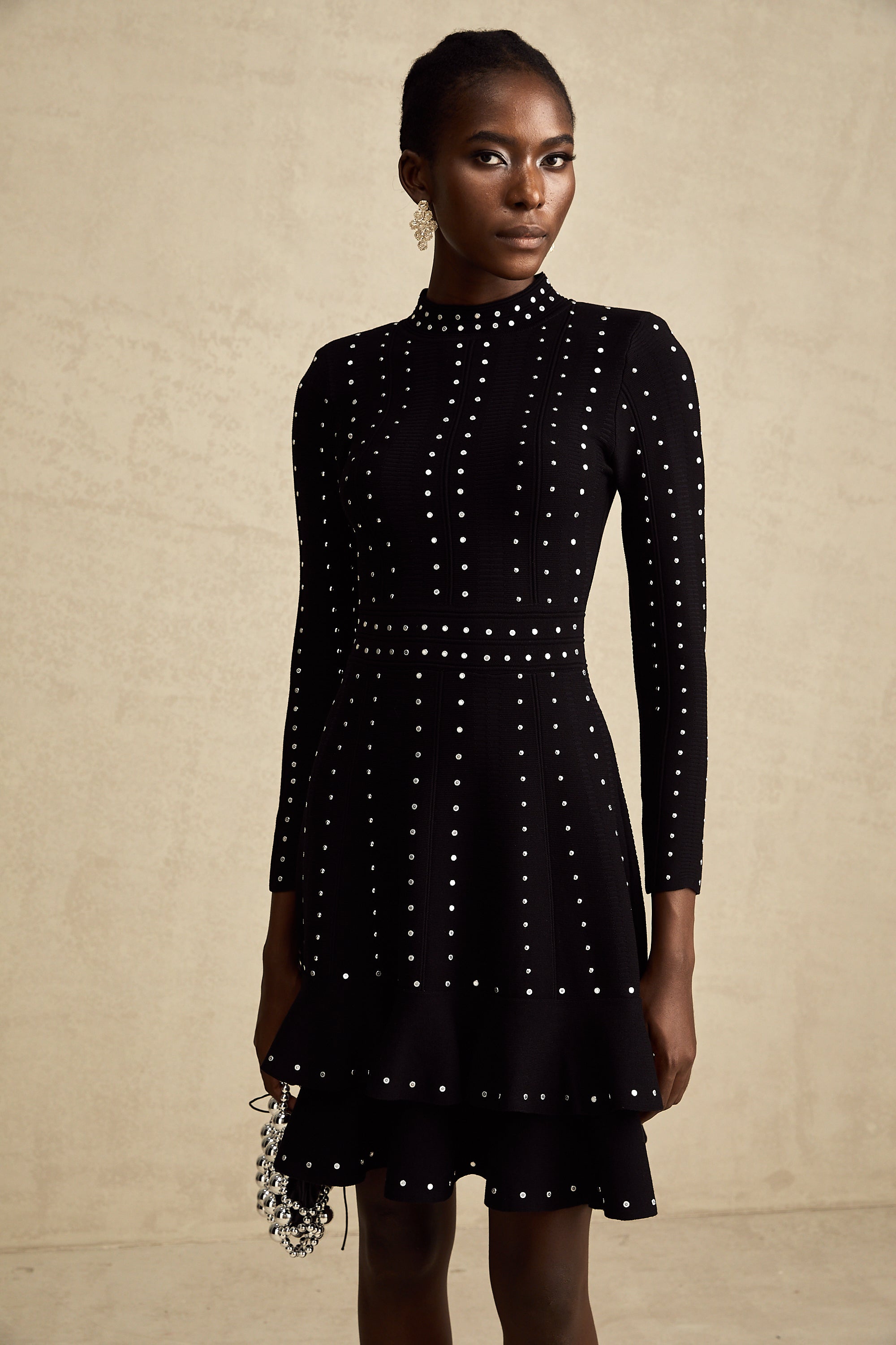Fabienne Black Embellished Ruffled Knit Mini Dress (Final Sale)