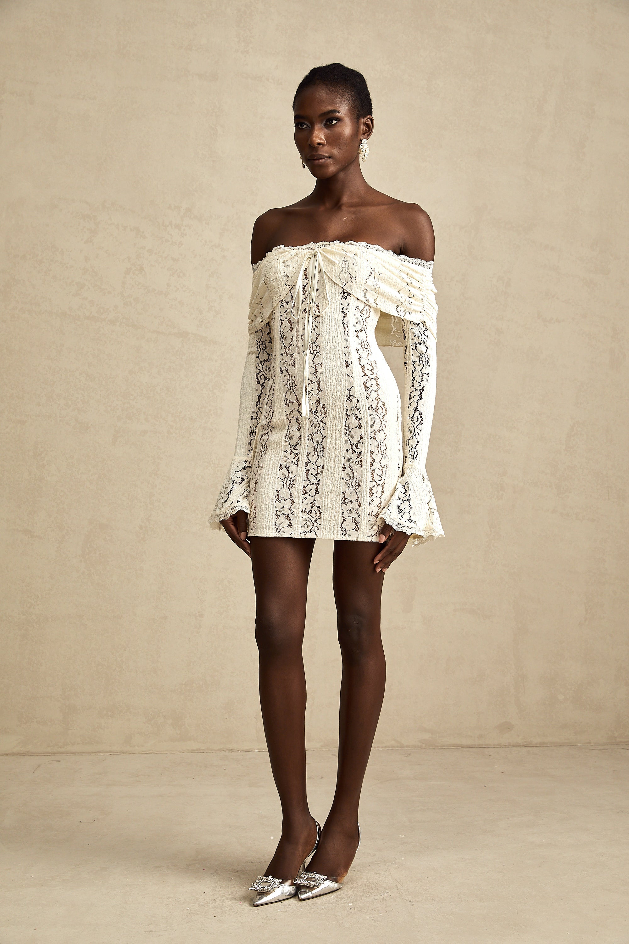 Émeline floral lace flared-cuff mini dress in Neutrals